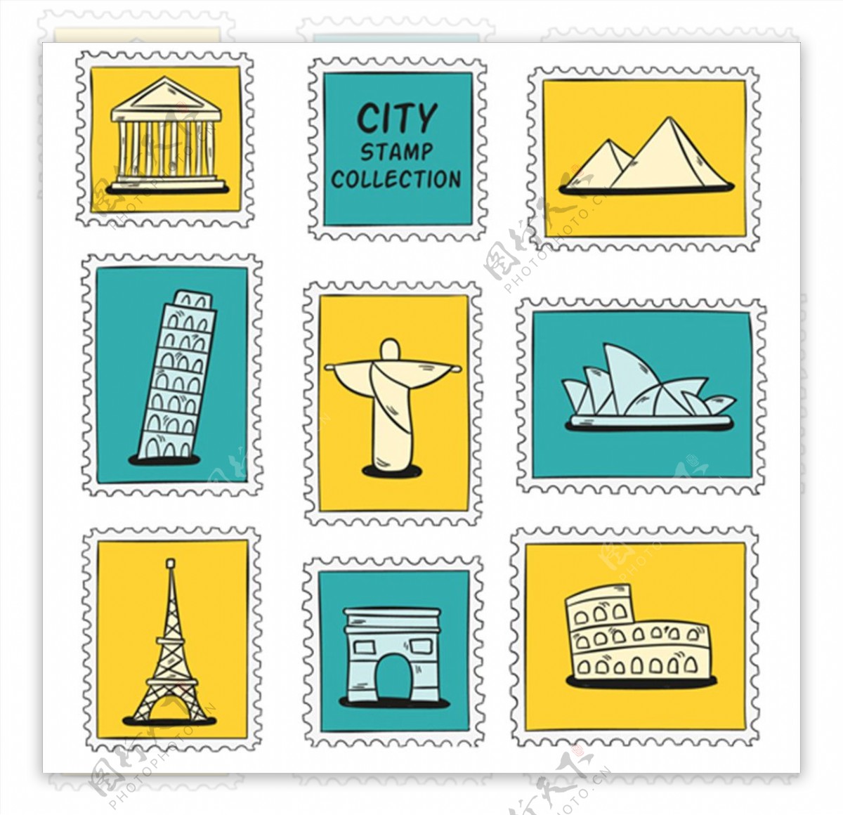 手绘城市邮票