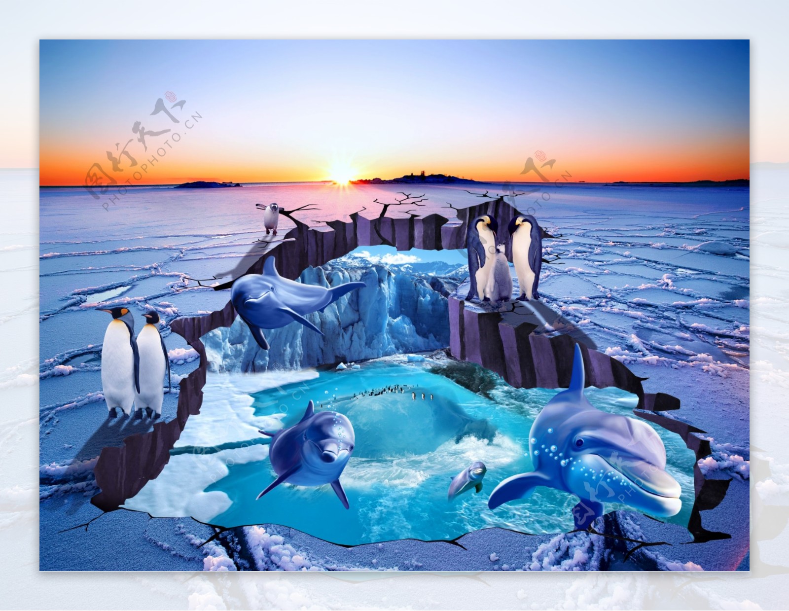 冰河冰川企鹅浴室3D地板地砖