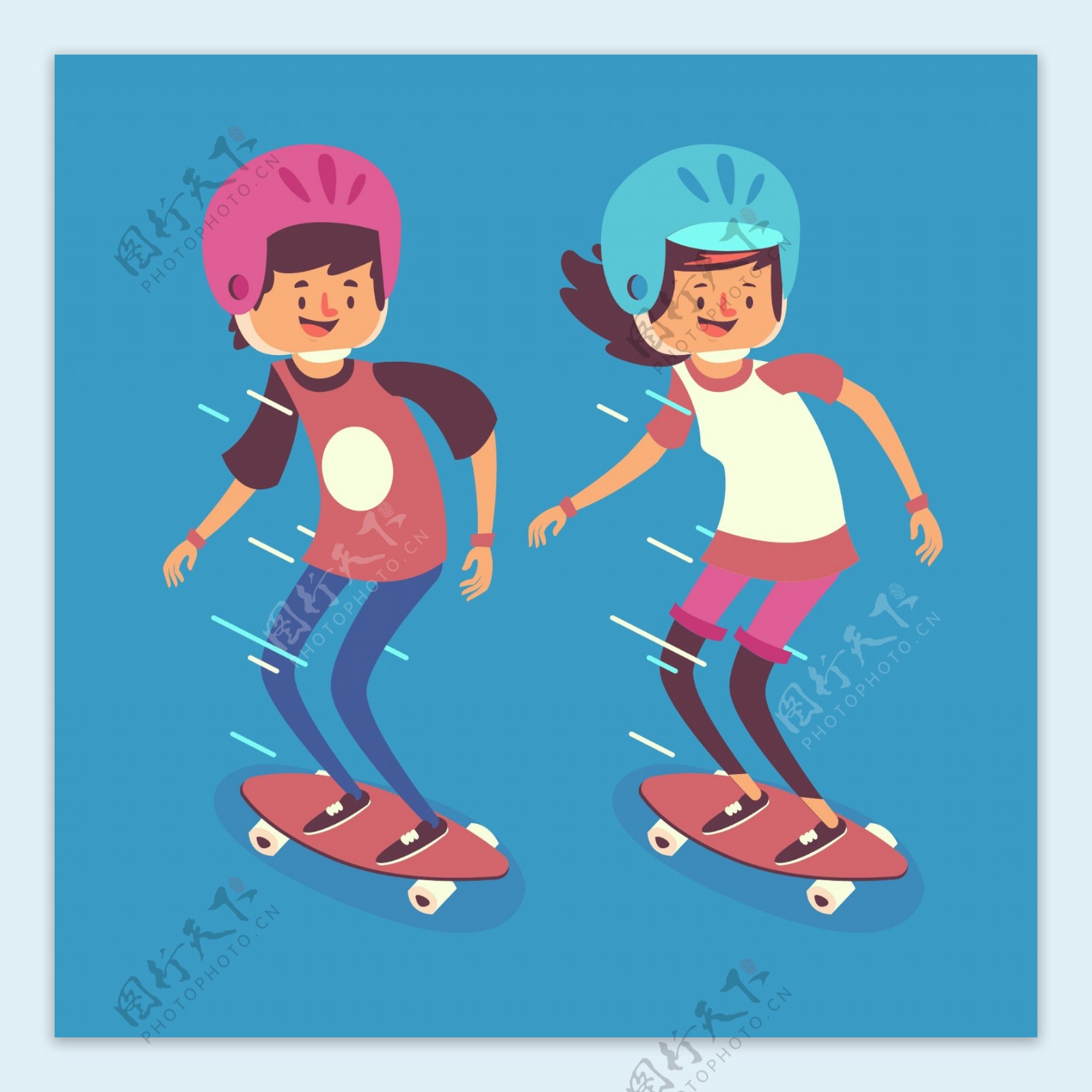 卡通滑滑板的青年男女