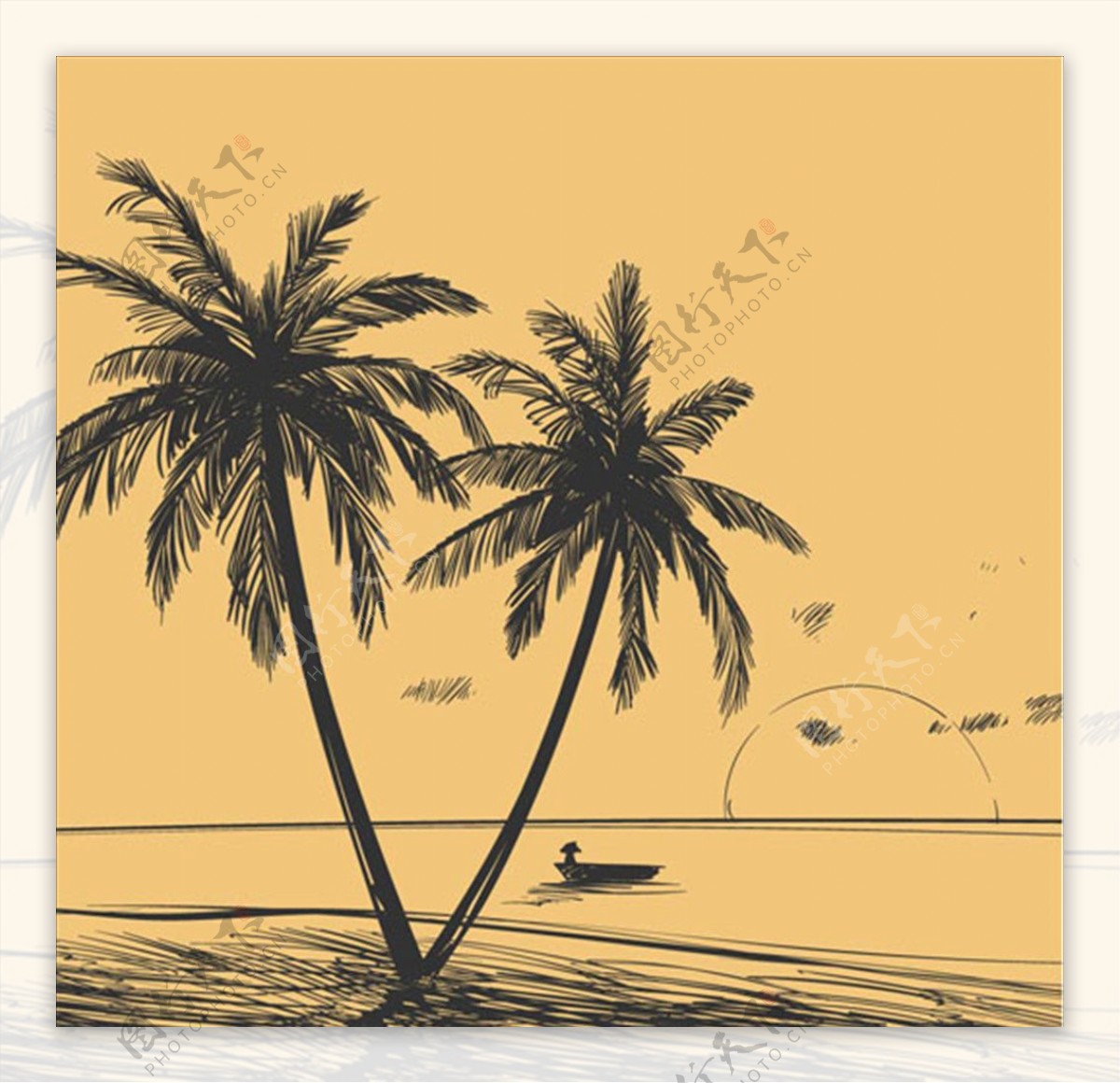 手绘素描海边棕榈树风景