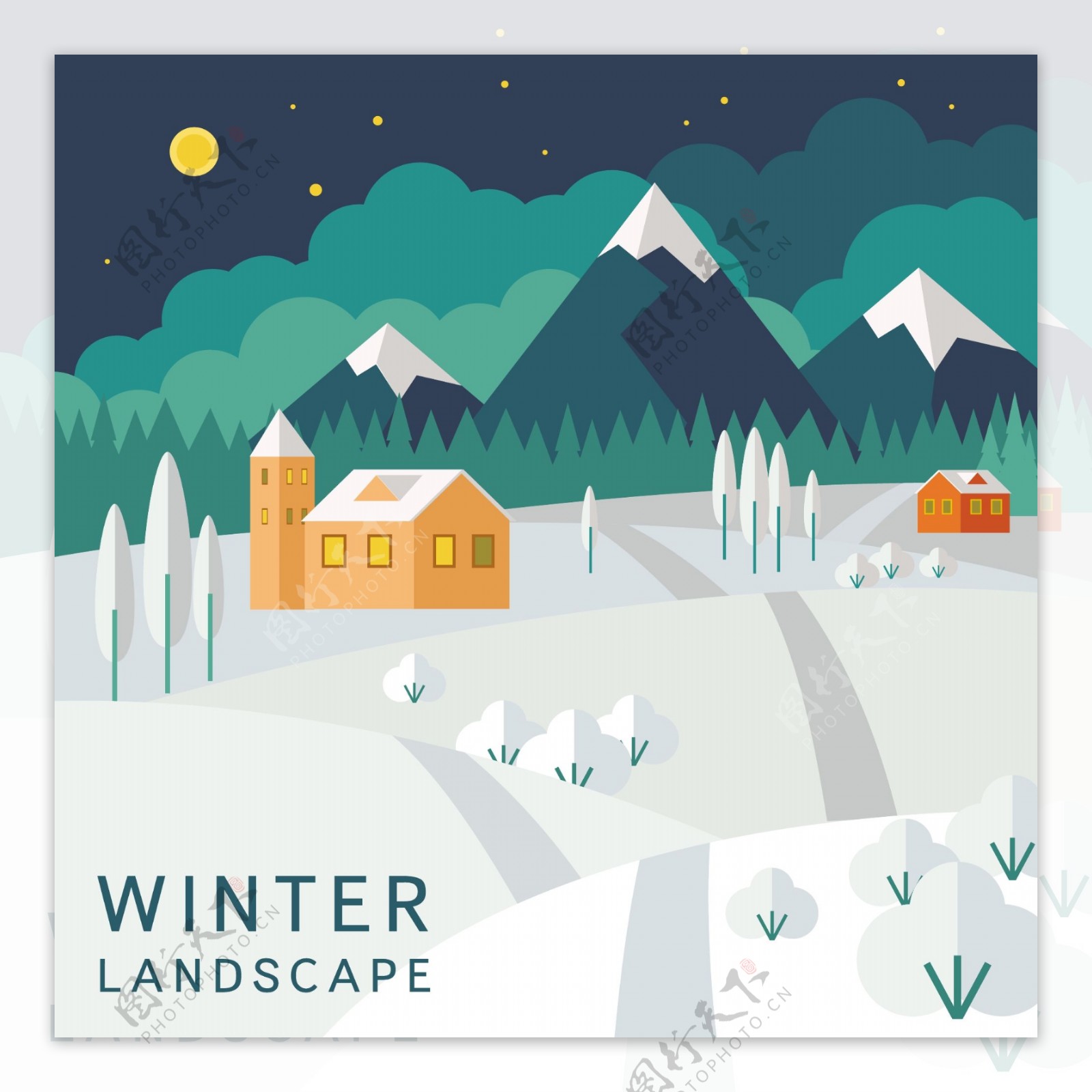 冬天冬季下雪雪山小屋卡通可爱