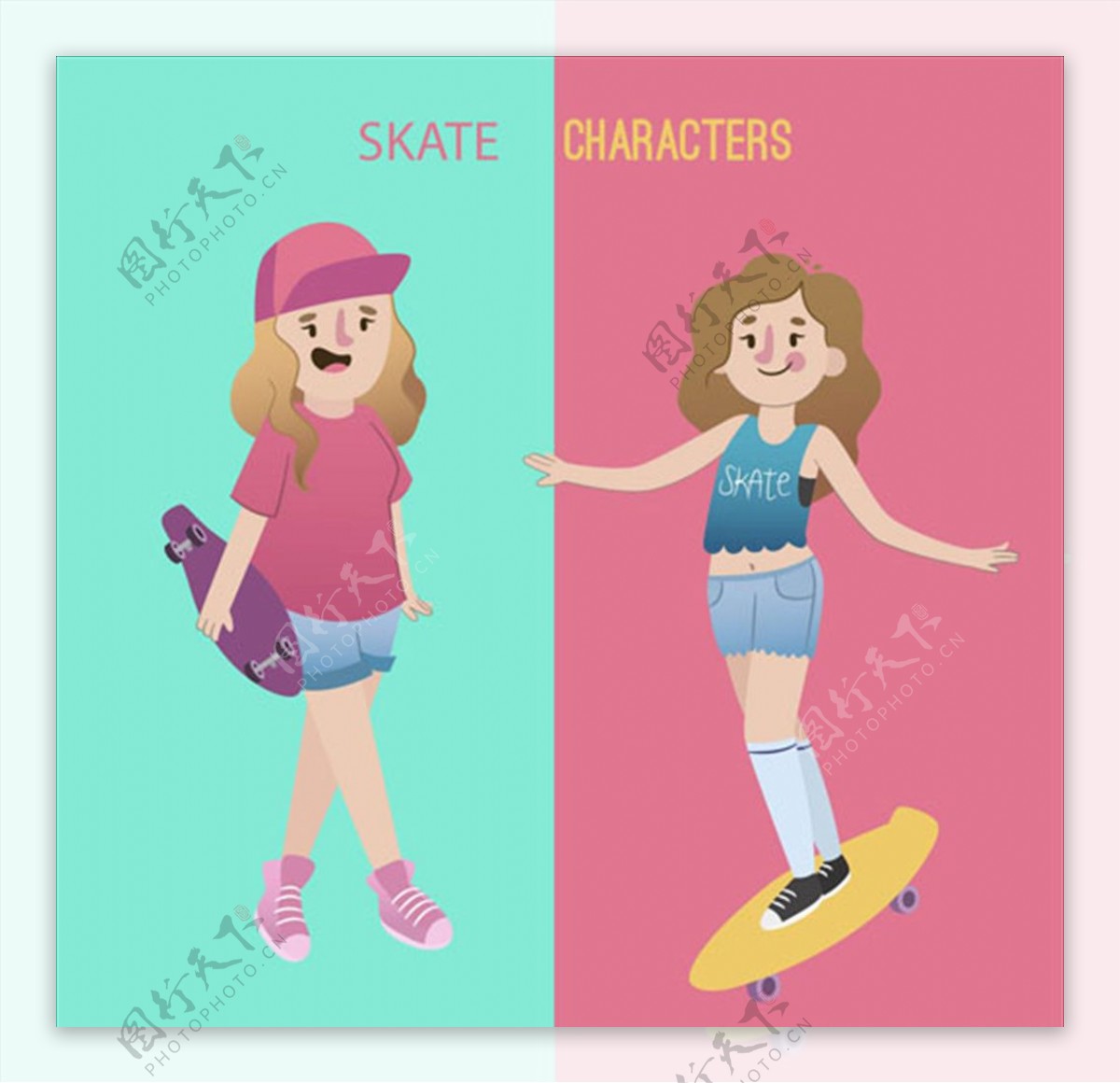 卡通滑滑板的女生插图