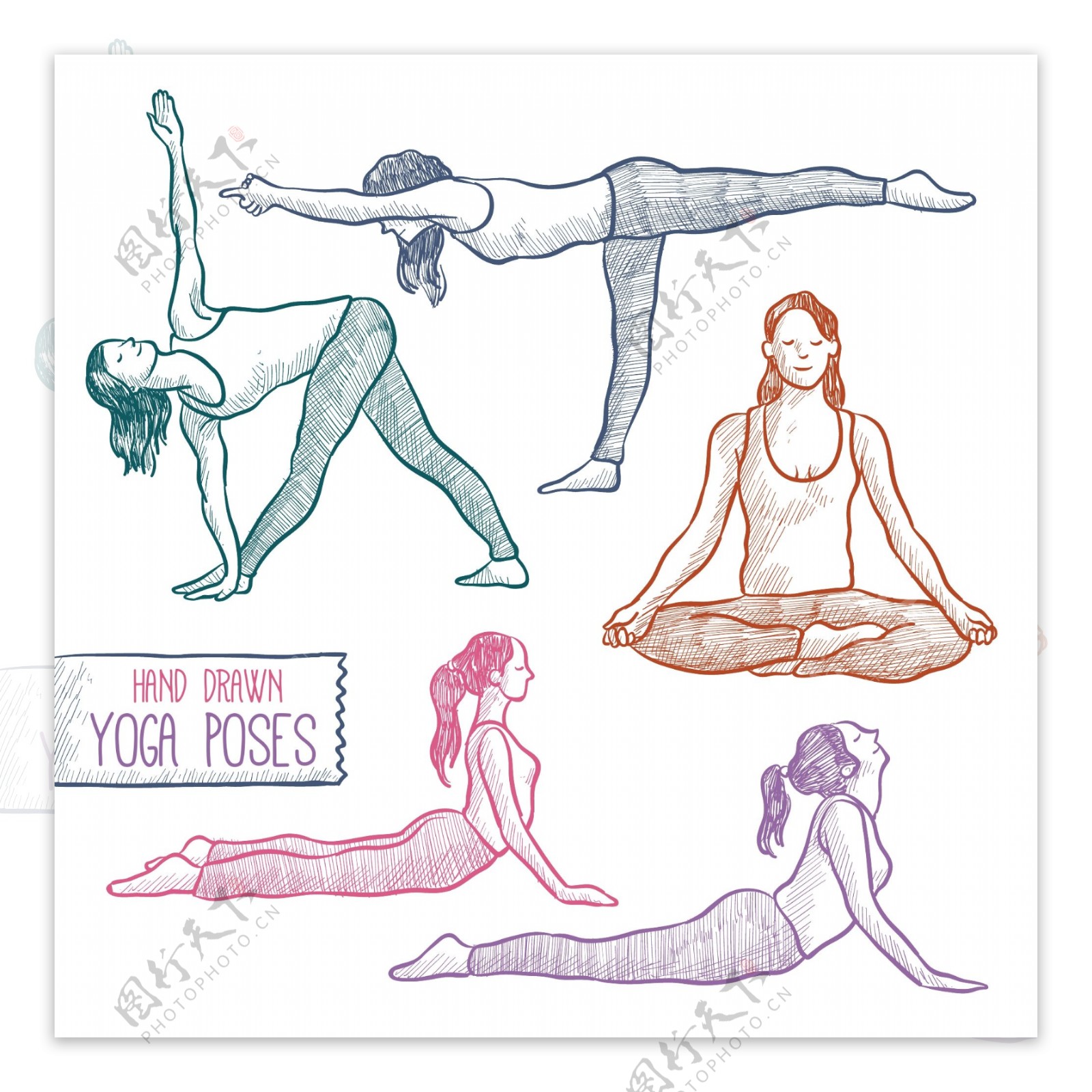 五款手绘女子瑜伽动作元素