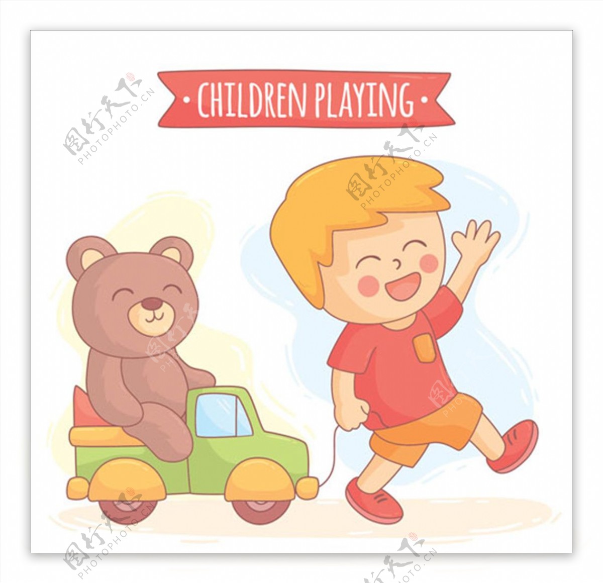 卡通儿童节小熊玩偶与孩子