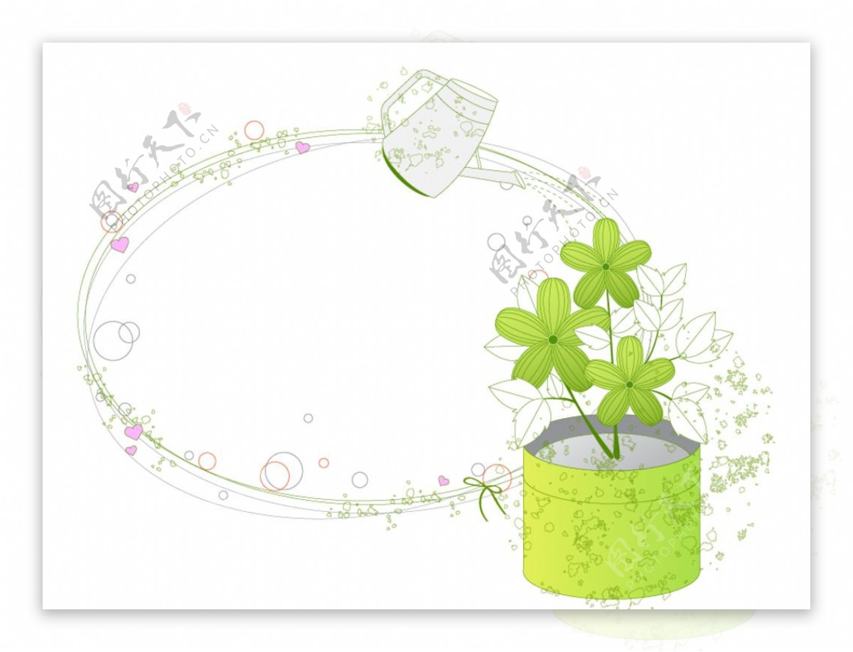 手绘盆栽喷壶和绿色边框