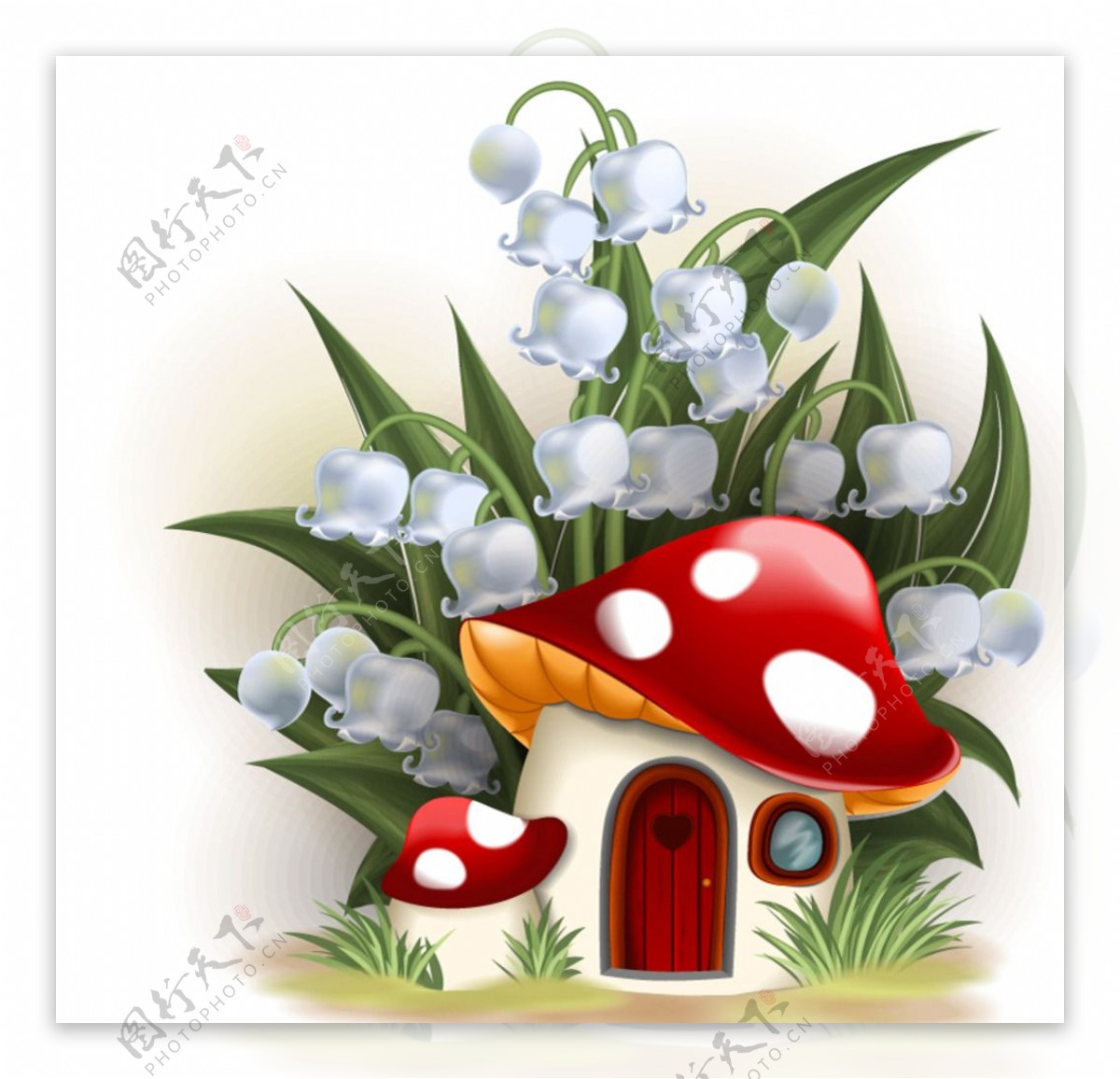 卡通铃铛花下的蘑菇屋