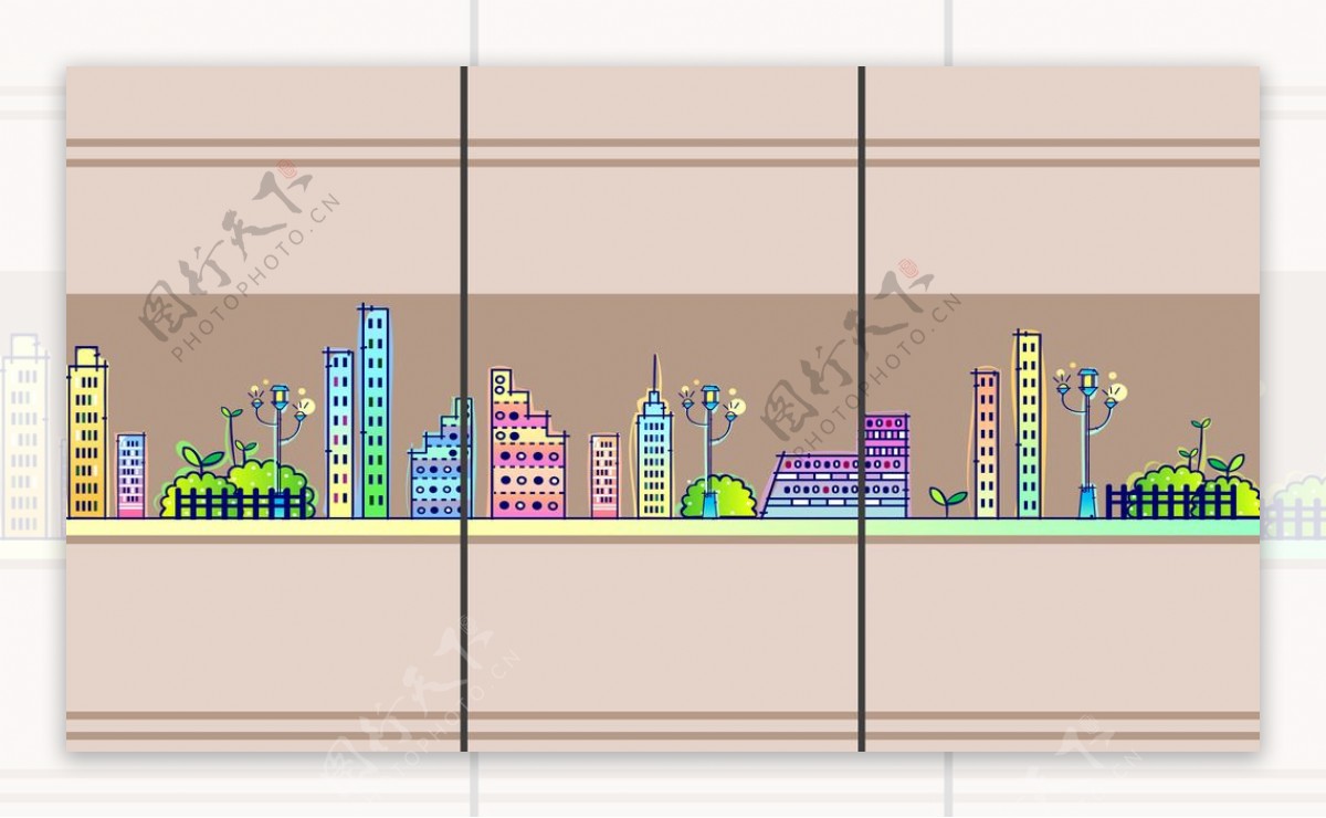 卡通都市风景移门图案
