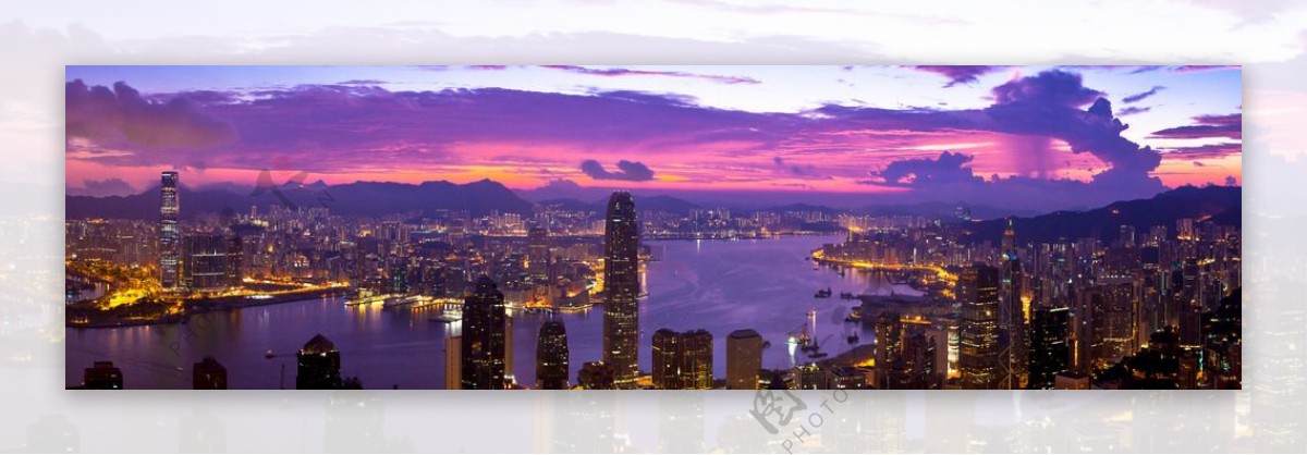 香港傍晚璀璨夜景全景