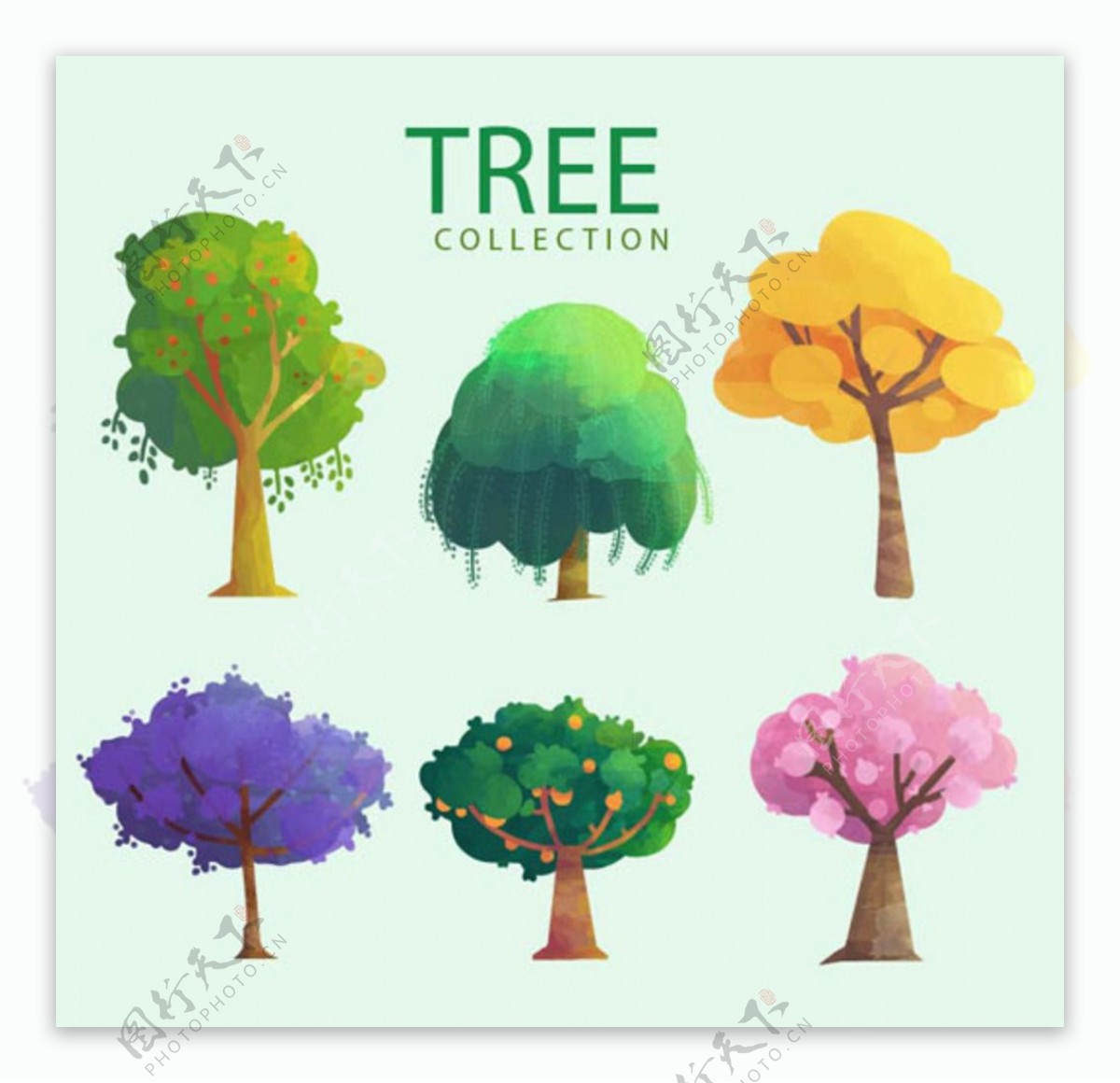 六款卡通多彩春季树木