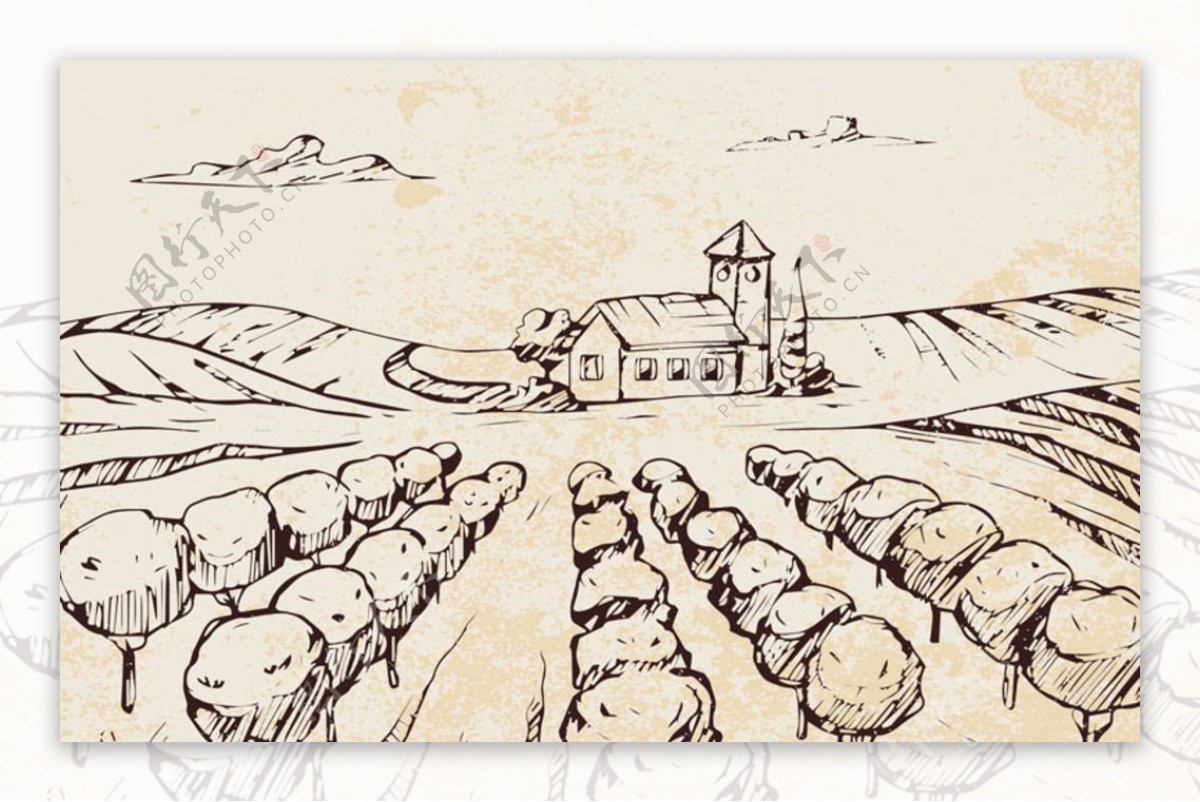 手绘素描农庄风景插图