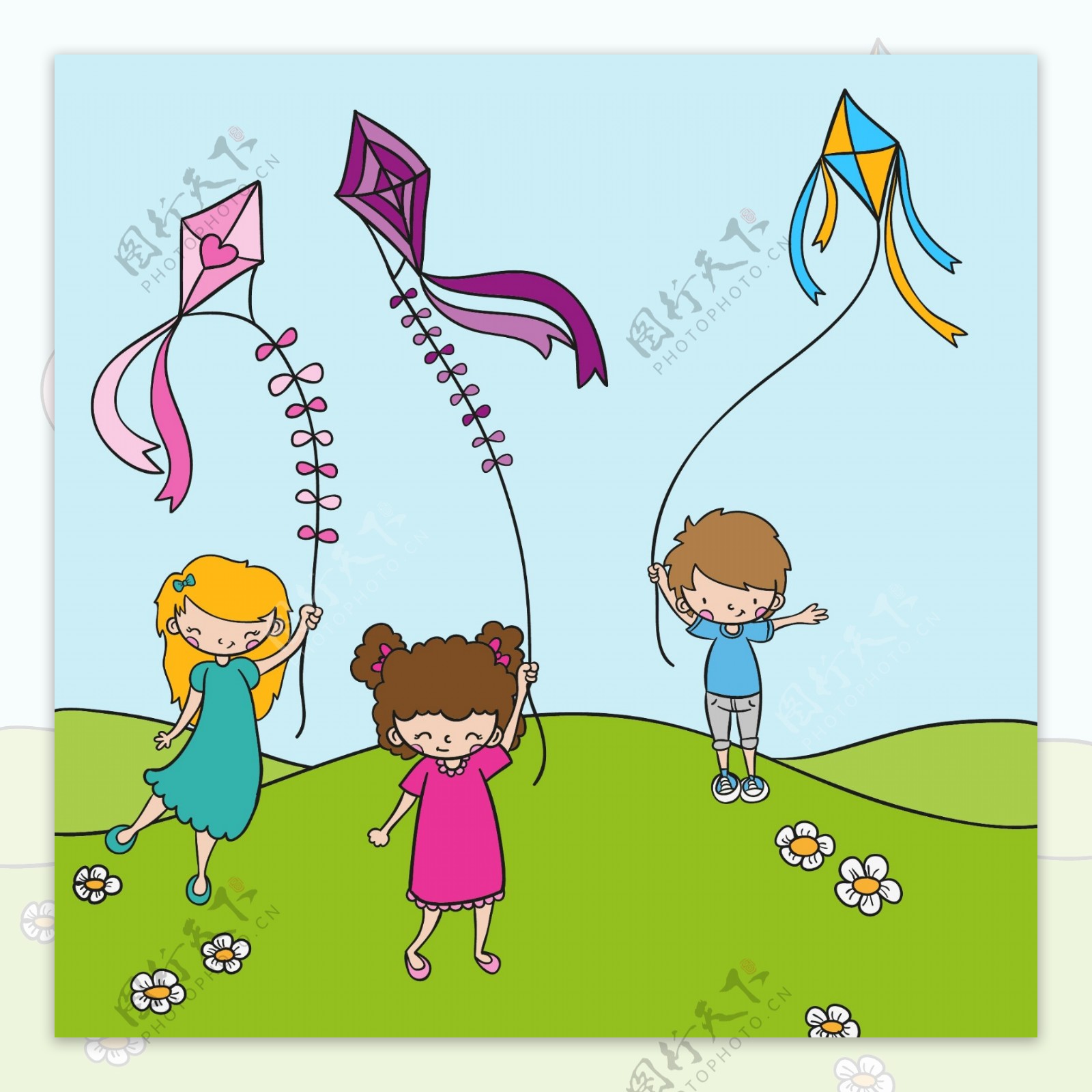 儿童节快乐放风筝的孩子