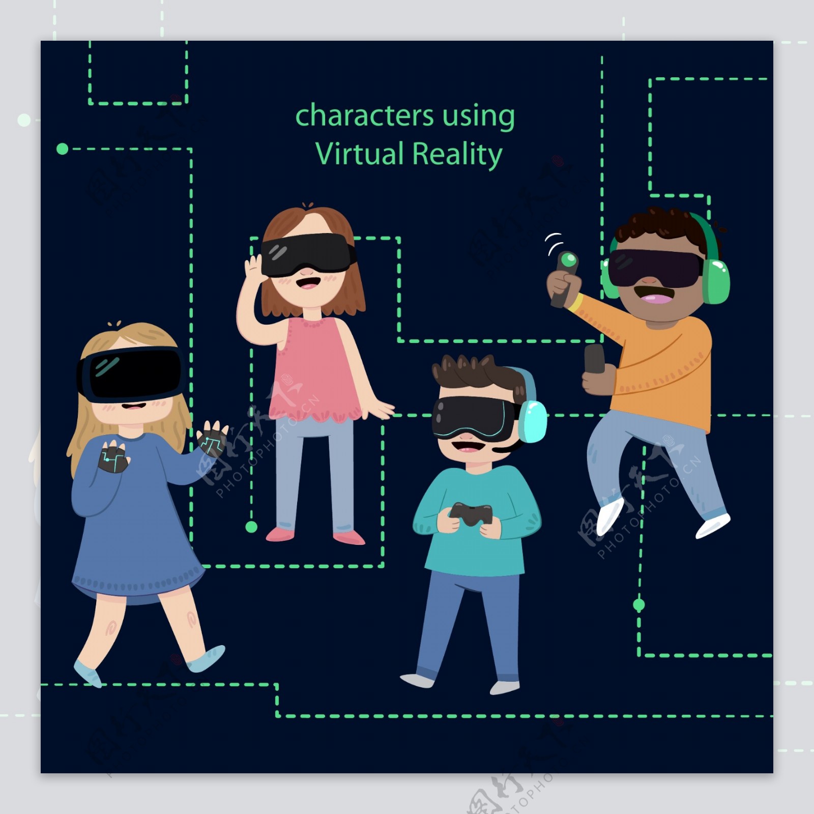 卡通戴VR虚拟眼镜玩游戏的孩子