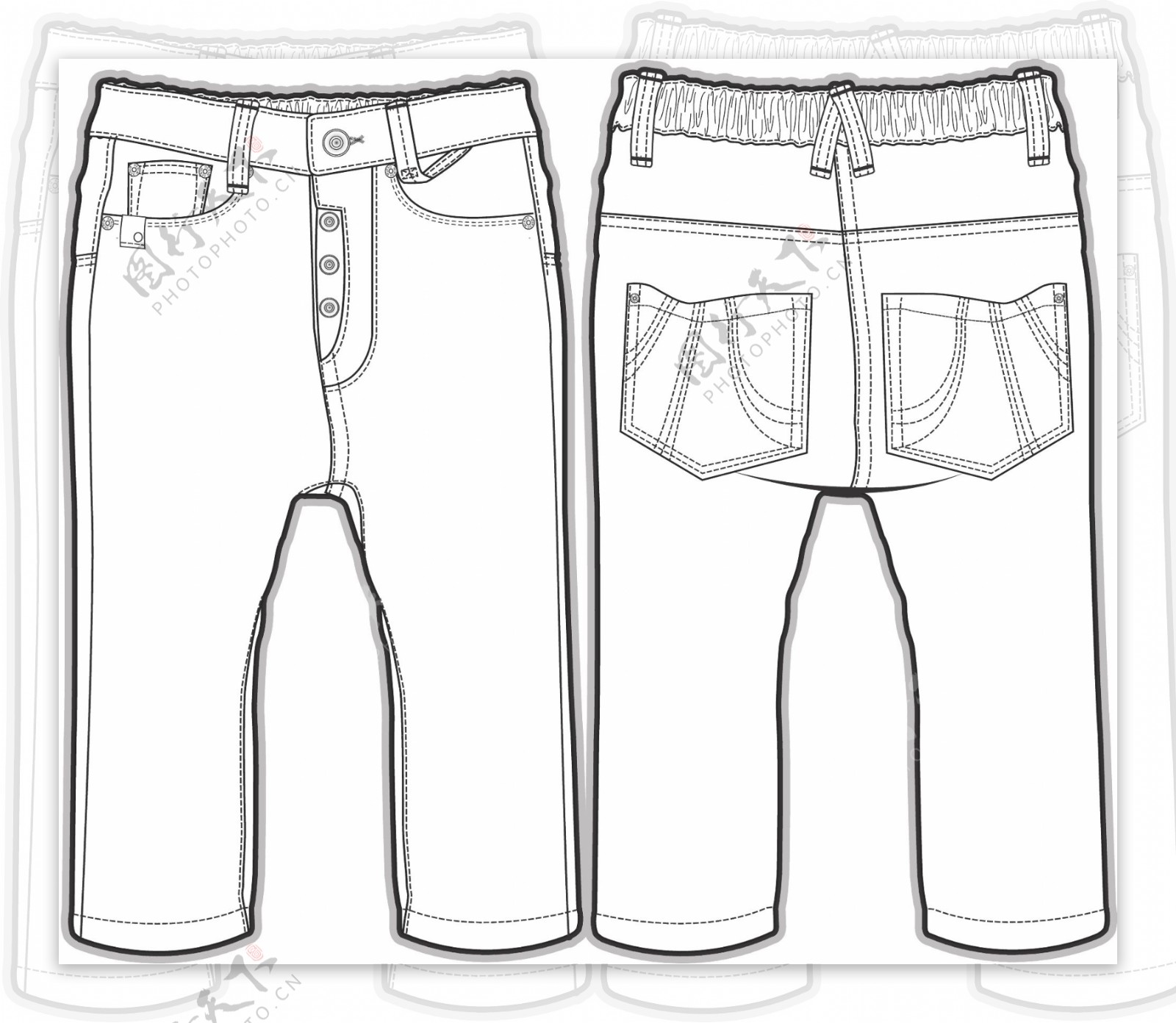 长裤牛仔裤小女孩服装设计线稿素材