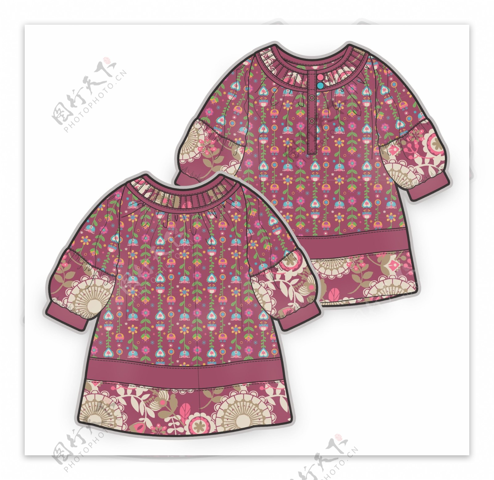 名族风长袖小女孩服装设计秋冬彩色原稿
