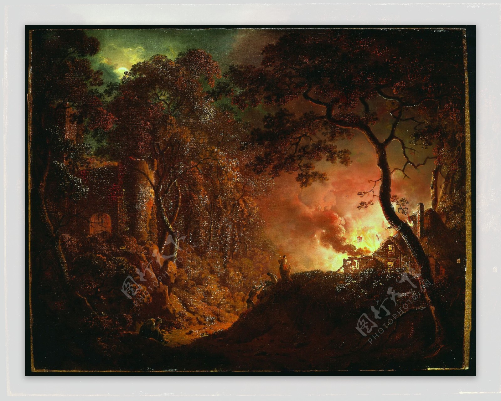夜晚起火的森林风景画图片