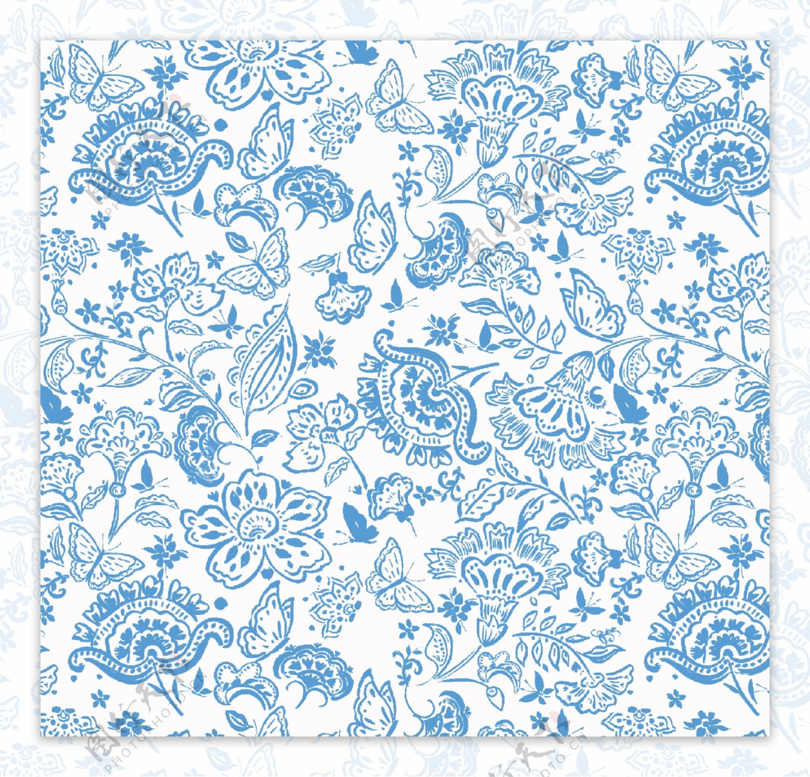 蓝色底纹花型数码印花设计