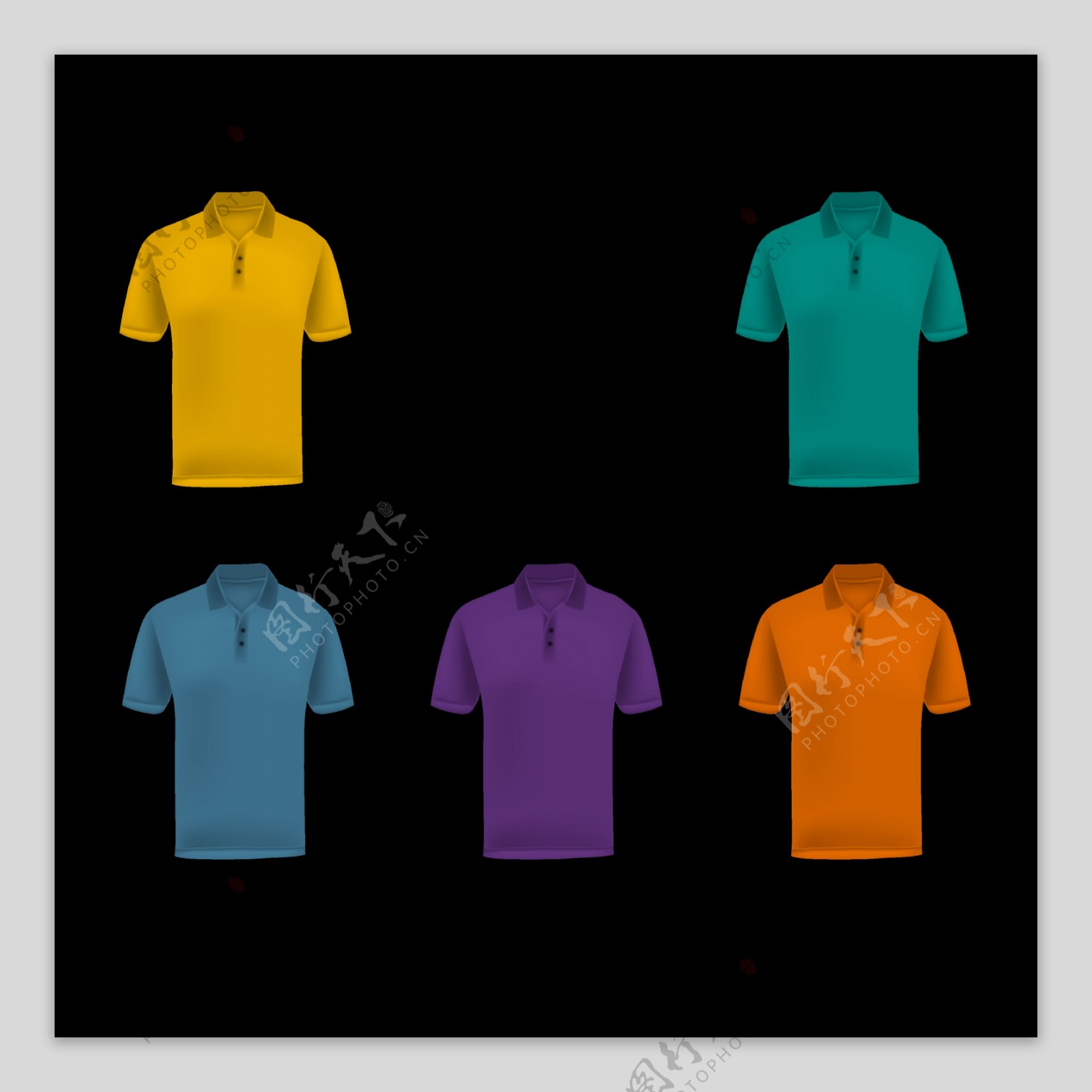 五种颜色T恤衫模板免抠png透明图层素材