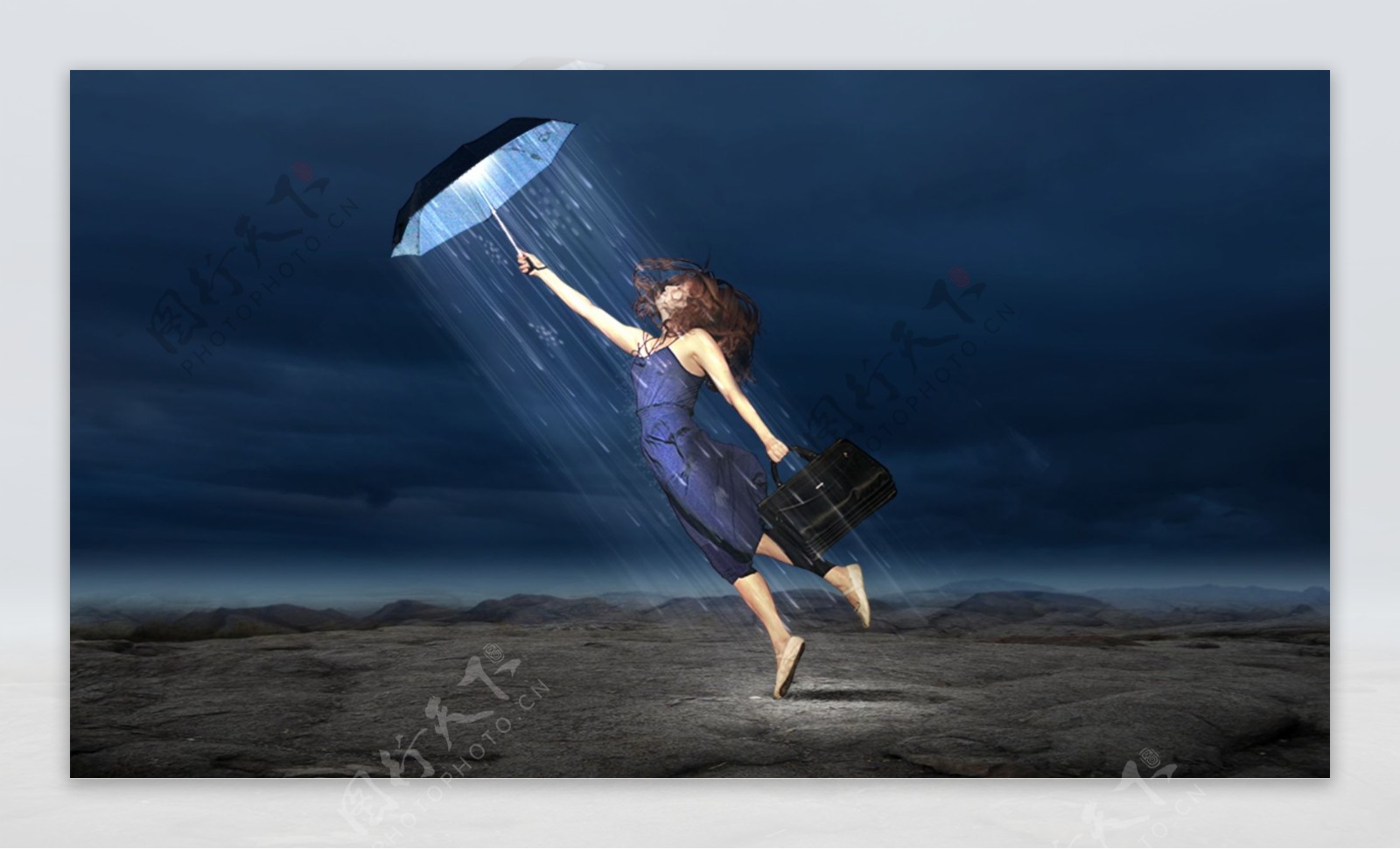 撑雨伞的小女孩合成海报
