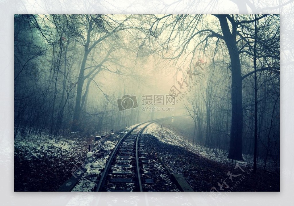 黑暗曲线森林滑轨雾弯曲多雾神秘铁路铁路令人毛骨悚然吓人