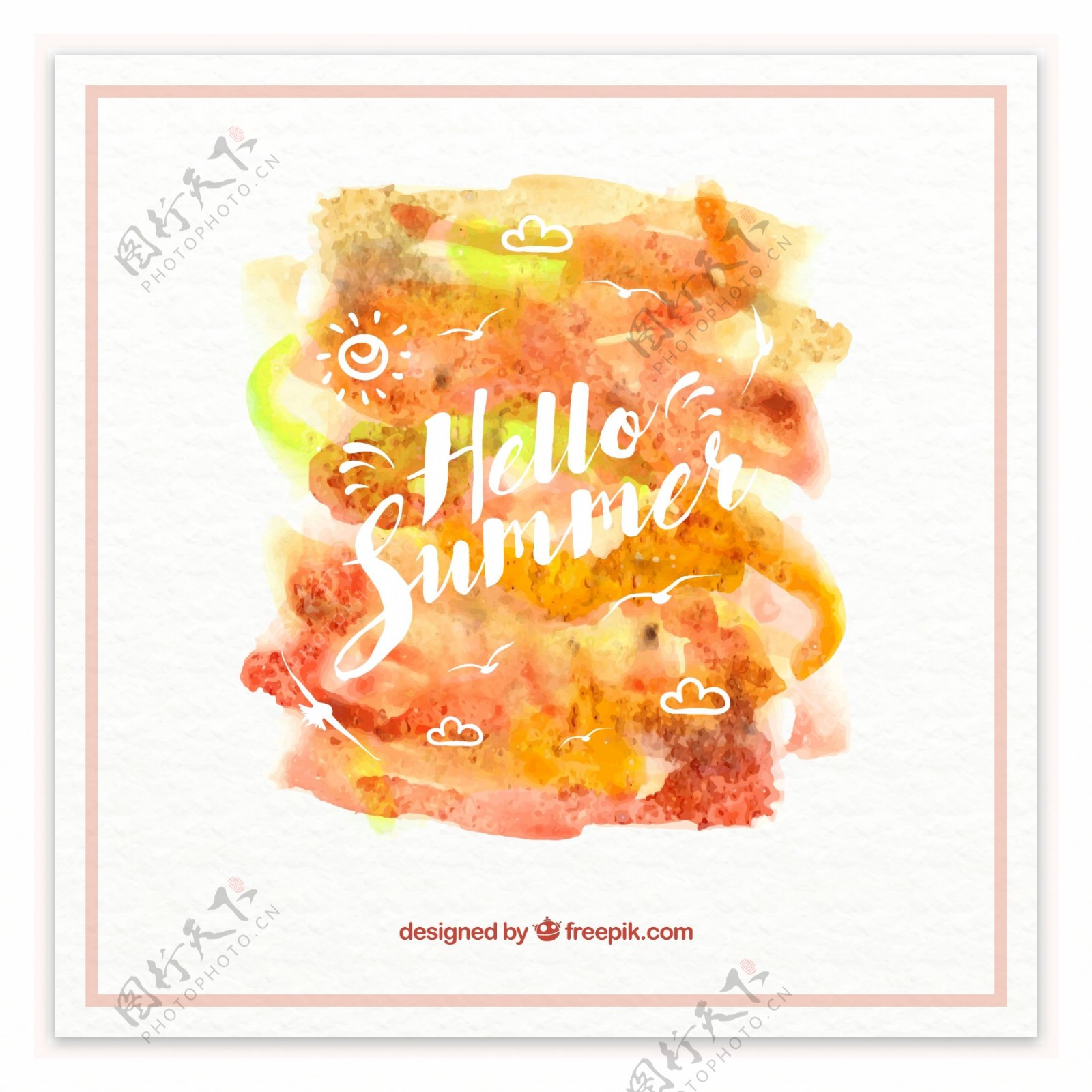 你好夏季橙色水彩海报