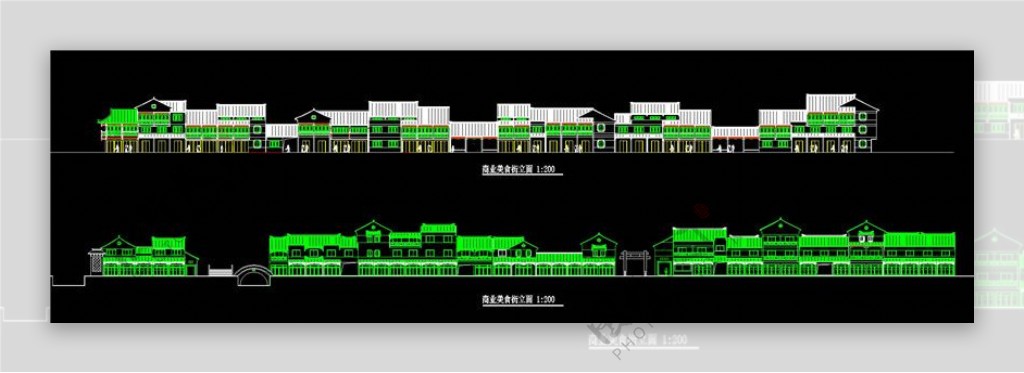 仿古商业美食街立面图CAD图纸