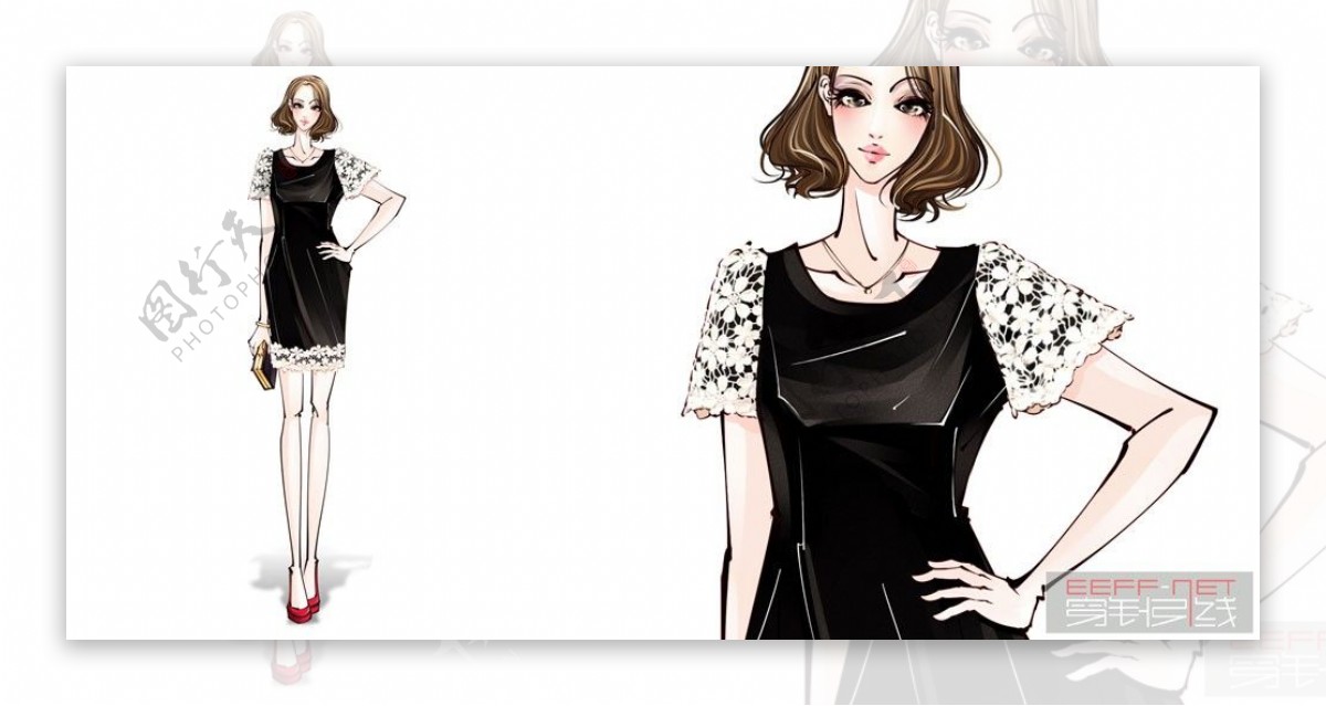 黑色花边袖连衣裙设计图