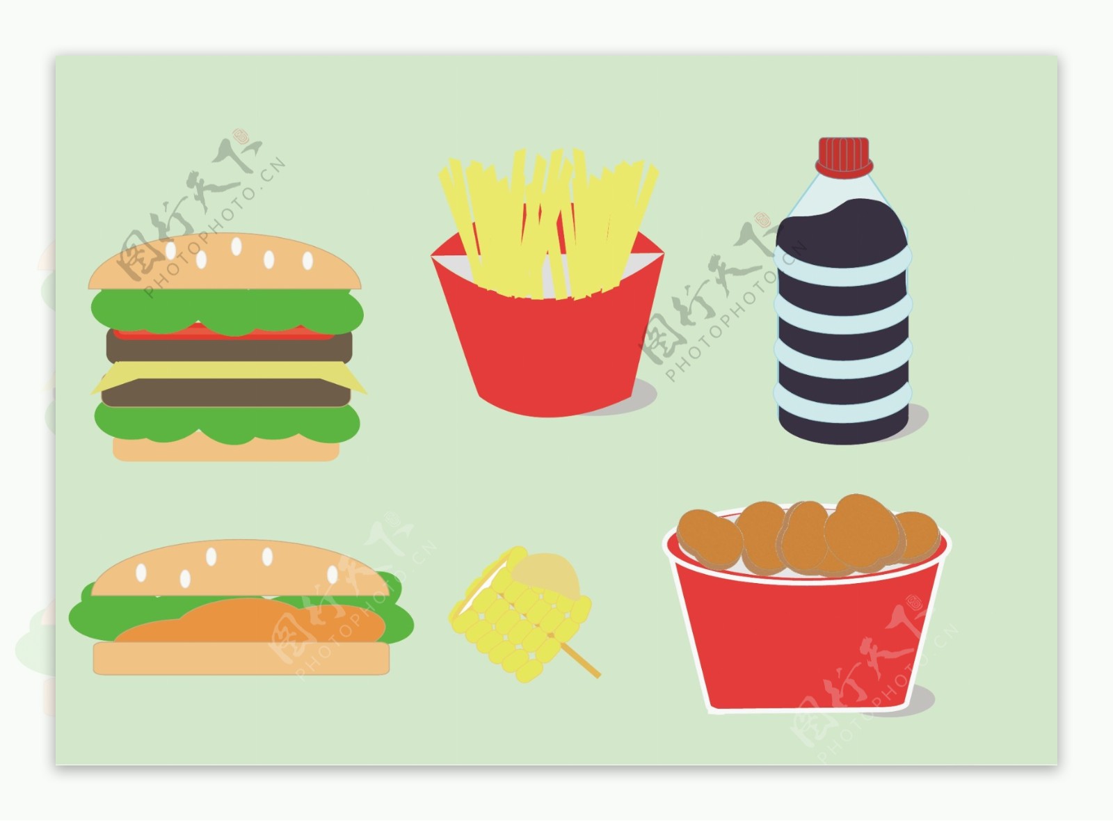 快餐食品汉堡包可乐玉米薯条炸鸡卡通插图
