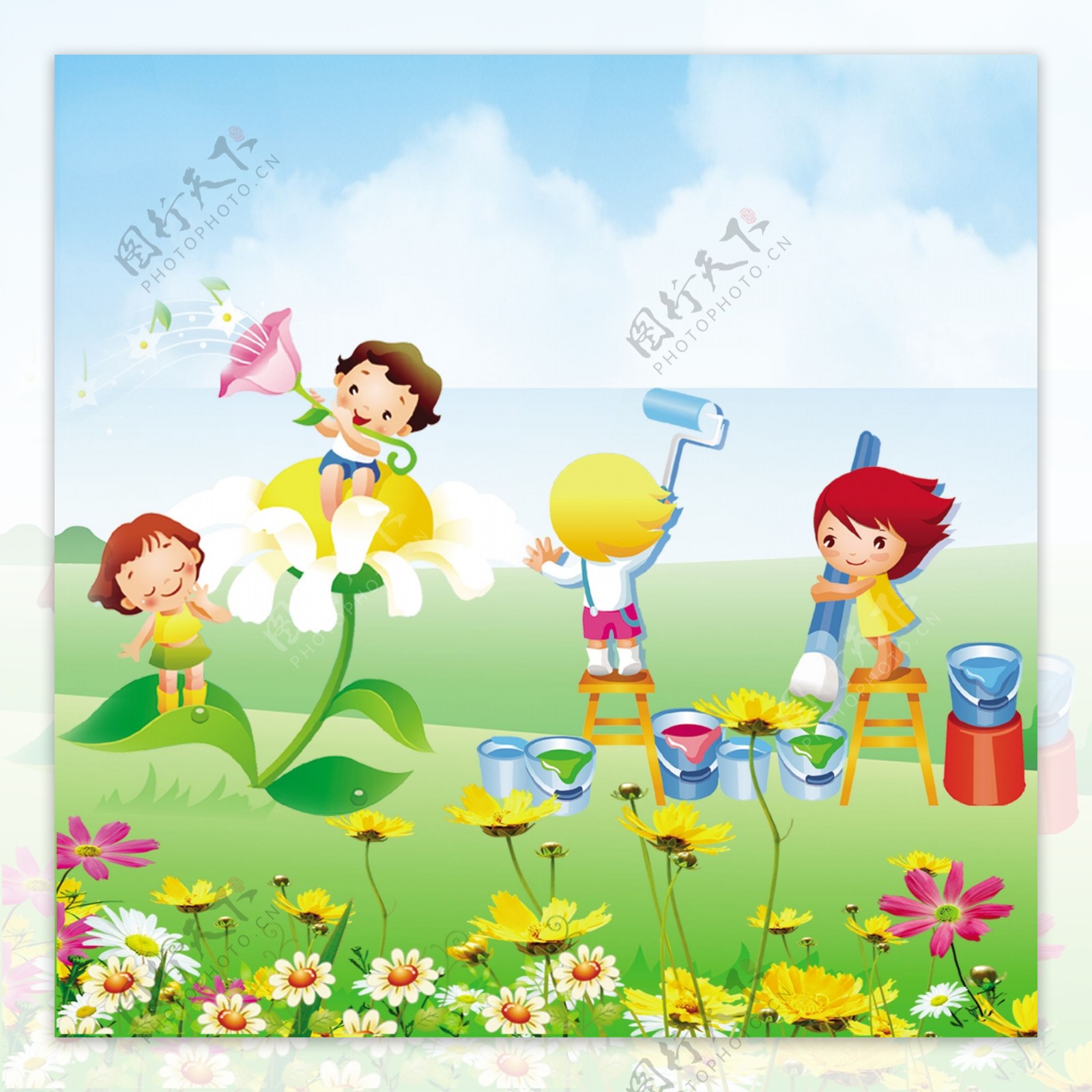 卡通孩童油漆桶花朵花朵音符白云素材