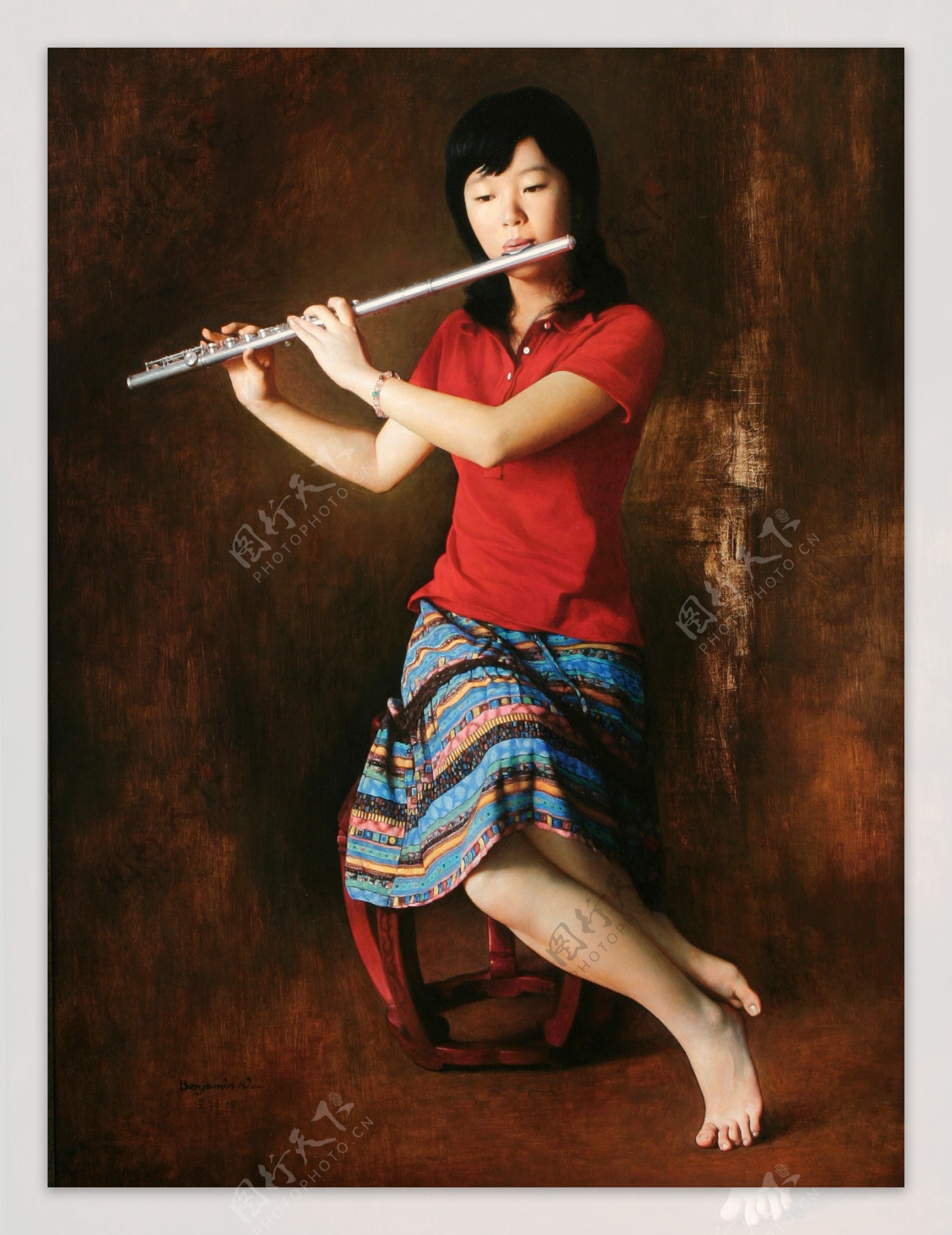 吹笛子的东方少女油画图片