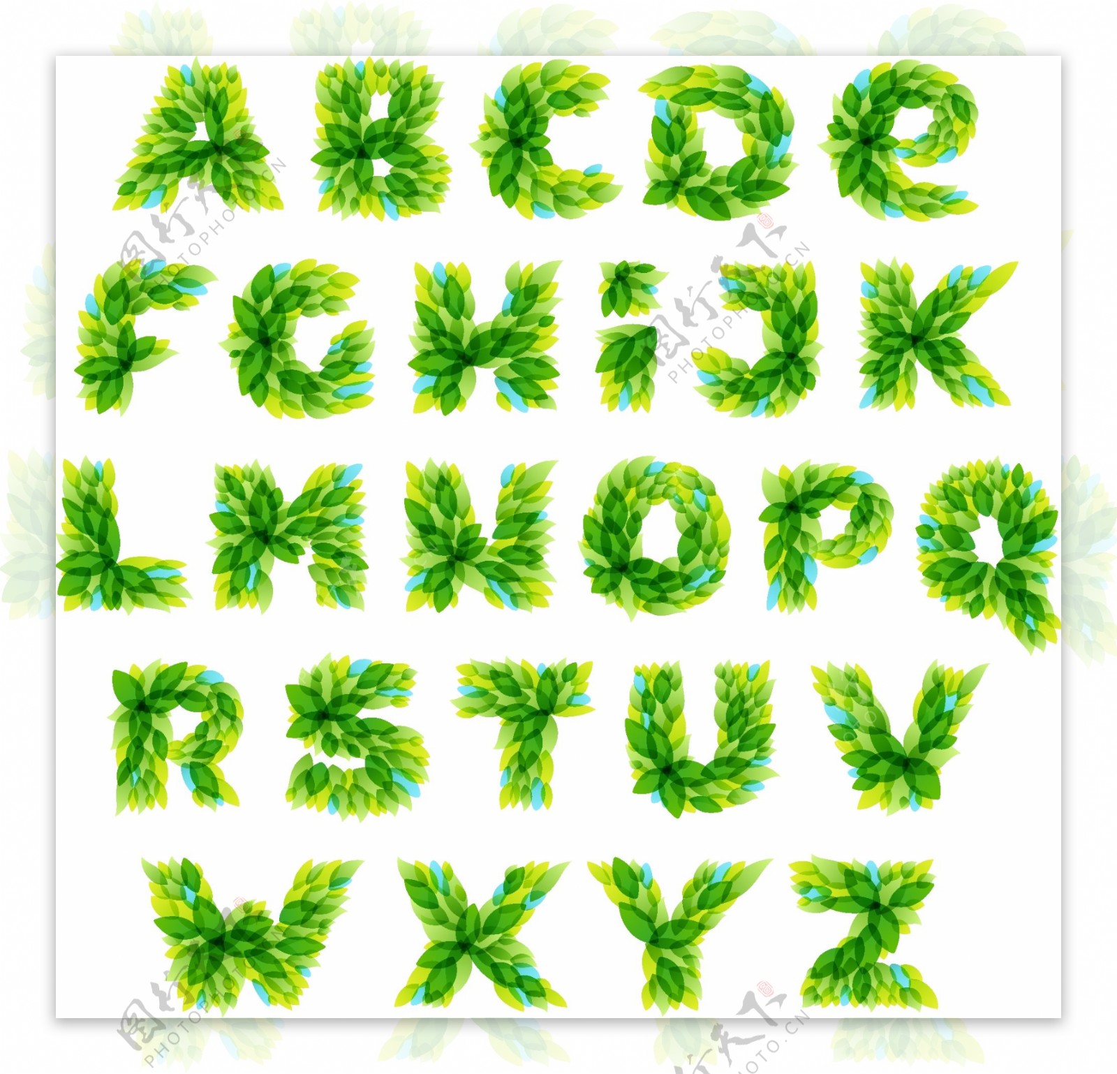 绿色树叶装饰艺术英文字母矢量素材下载