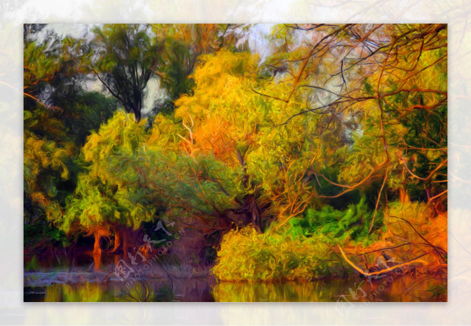 河流树木风景油画图片