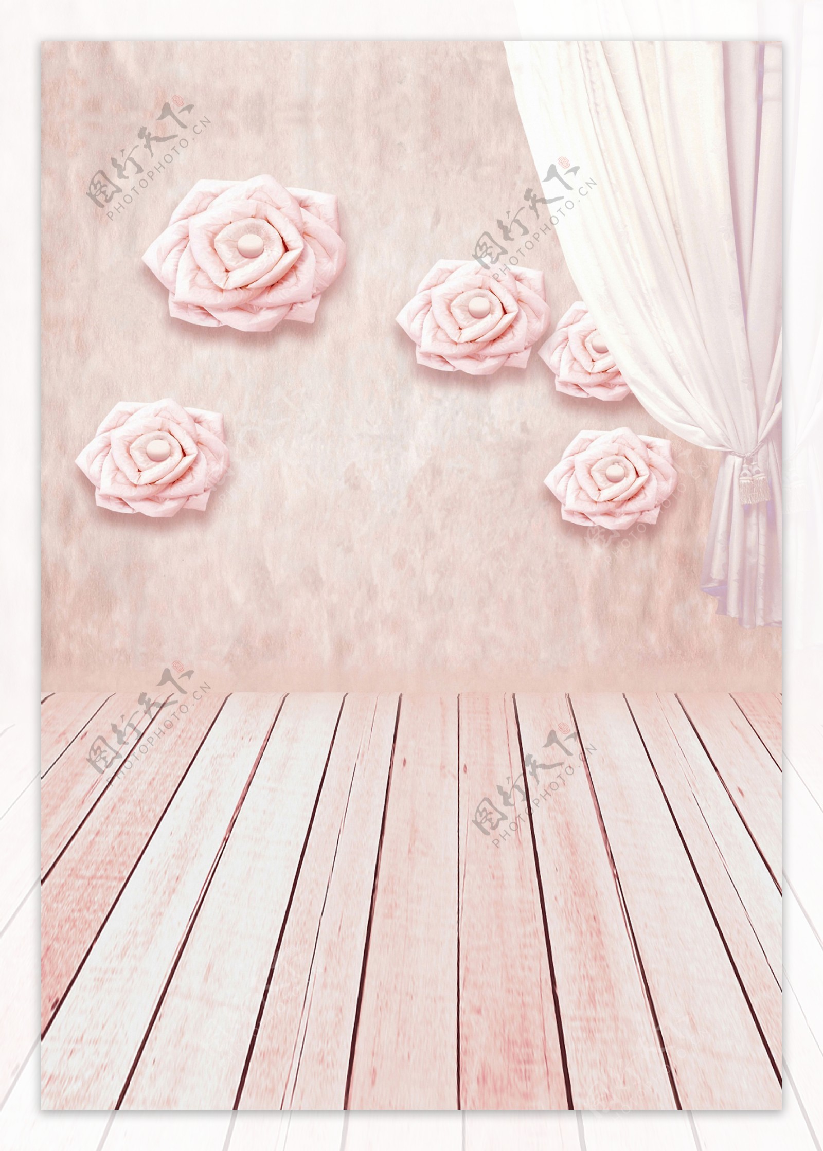 布帘与墙上的花饰影楼摄影背景图片