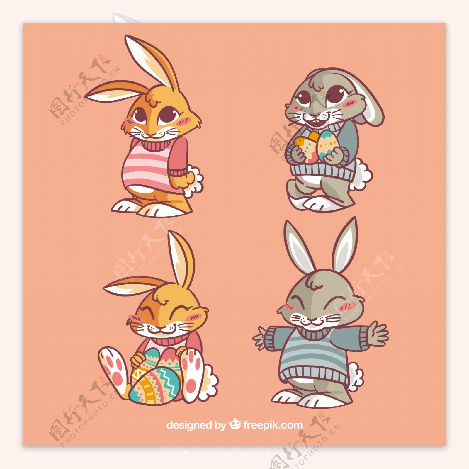 一组憨厚的复活节可爱兔子