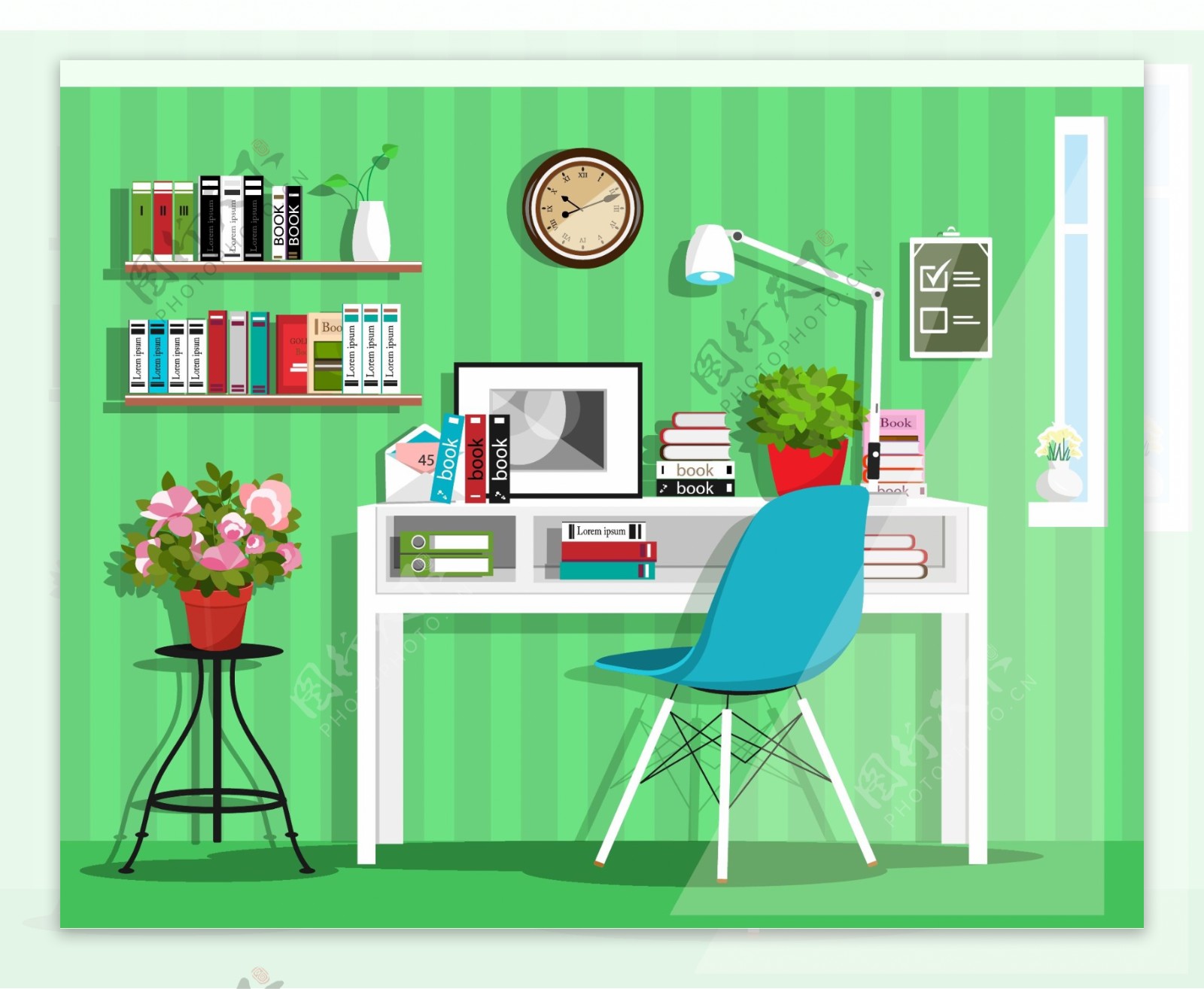 书桌家庭室内房间装饰设计卡通矢量