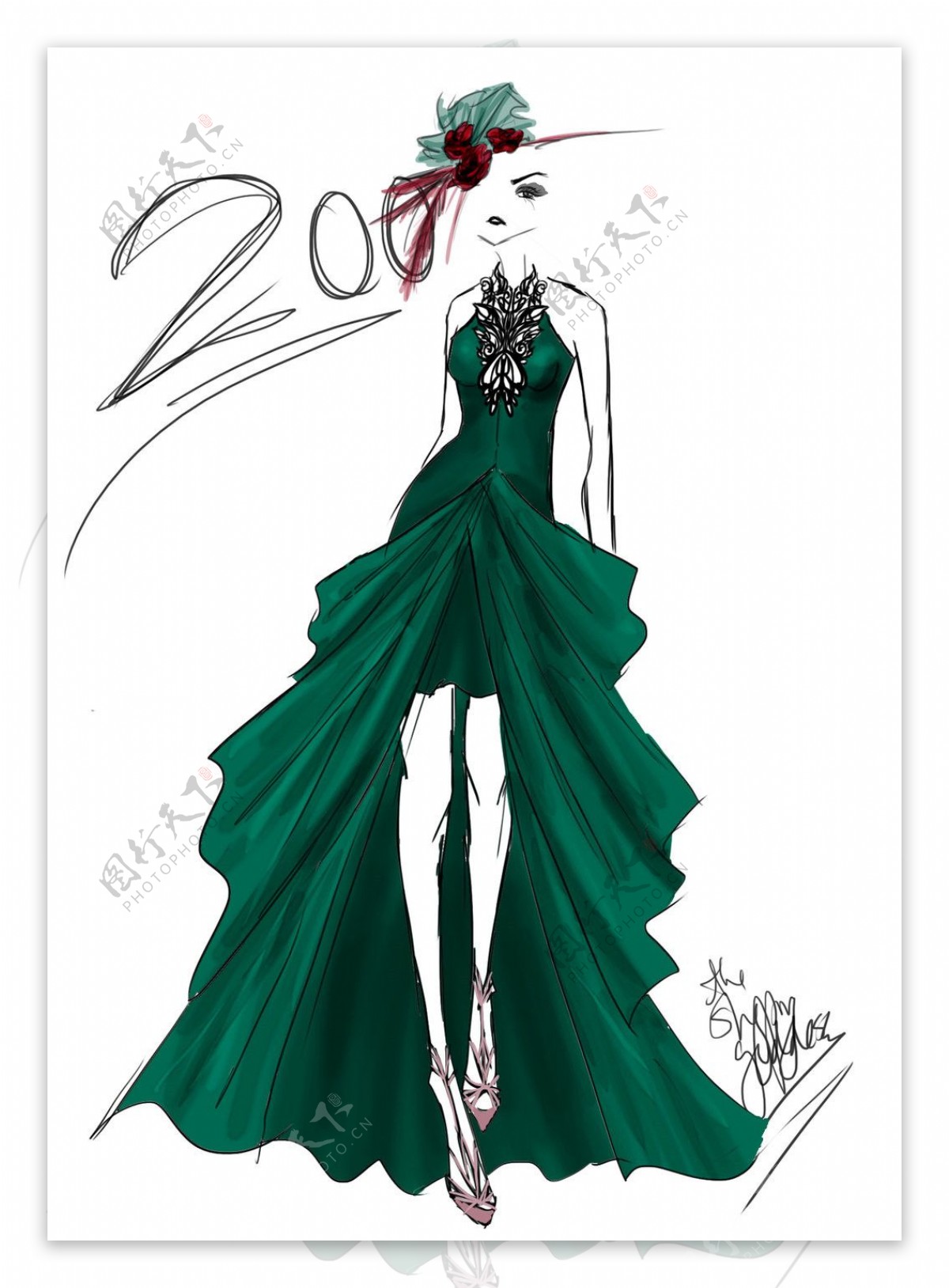 绿色长裙礼服设计图