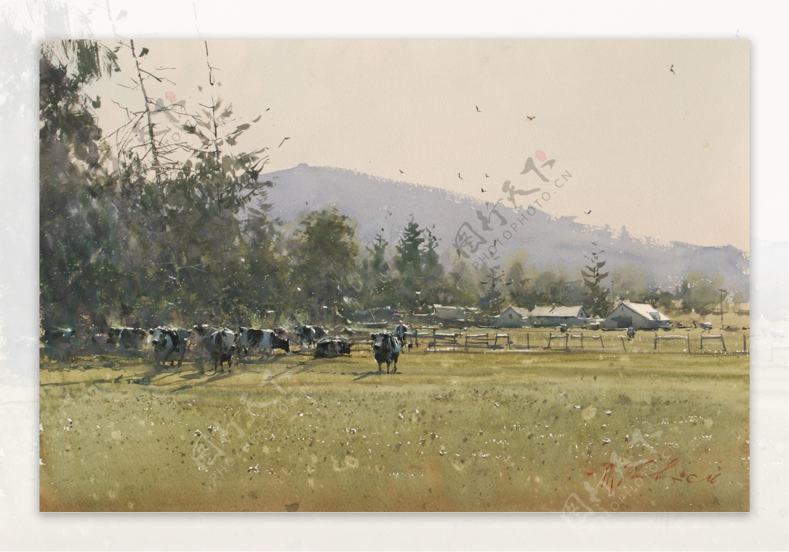 牧场上放养的奶牛油画图片