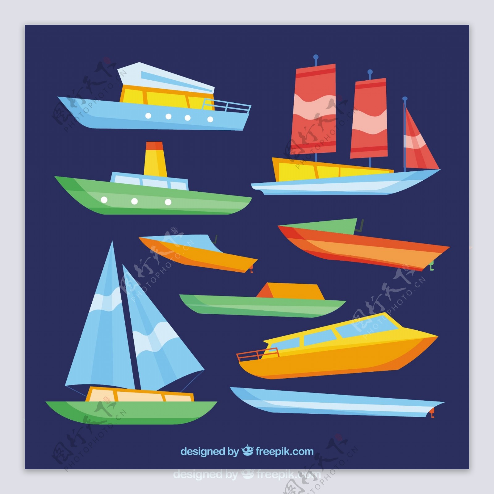各种彩色船平面设计插画