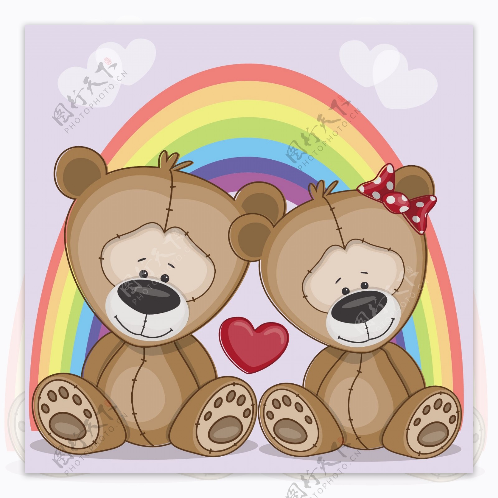 手绘卡通彩虹下的两只小熊