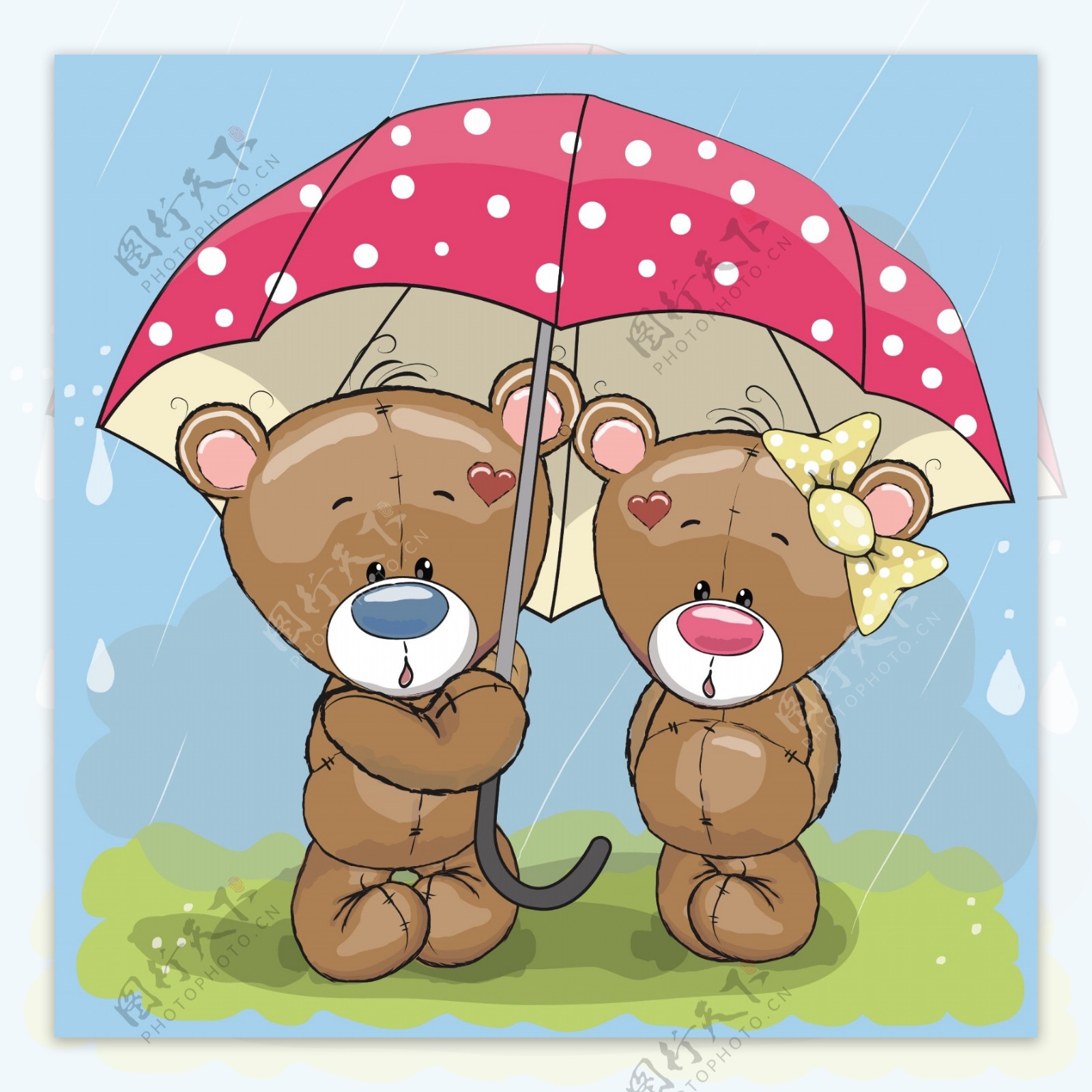 雨伞下躲雨的两只小熊