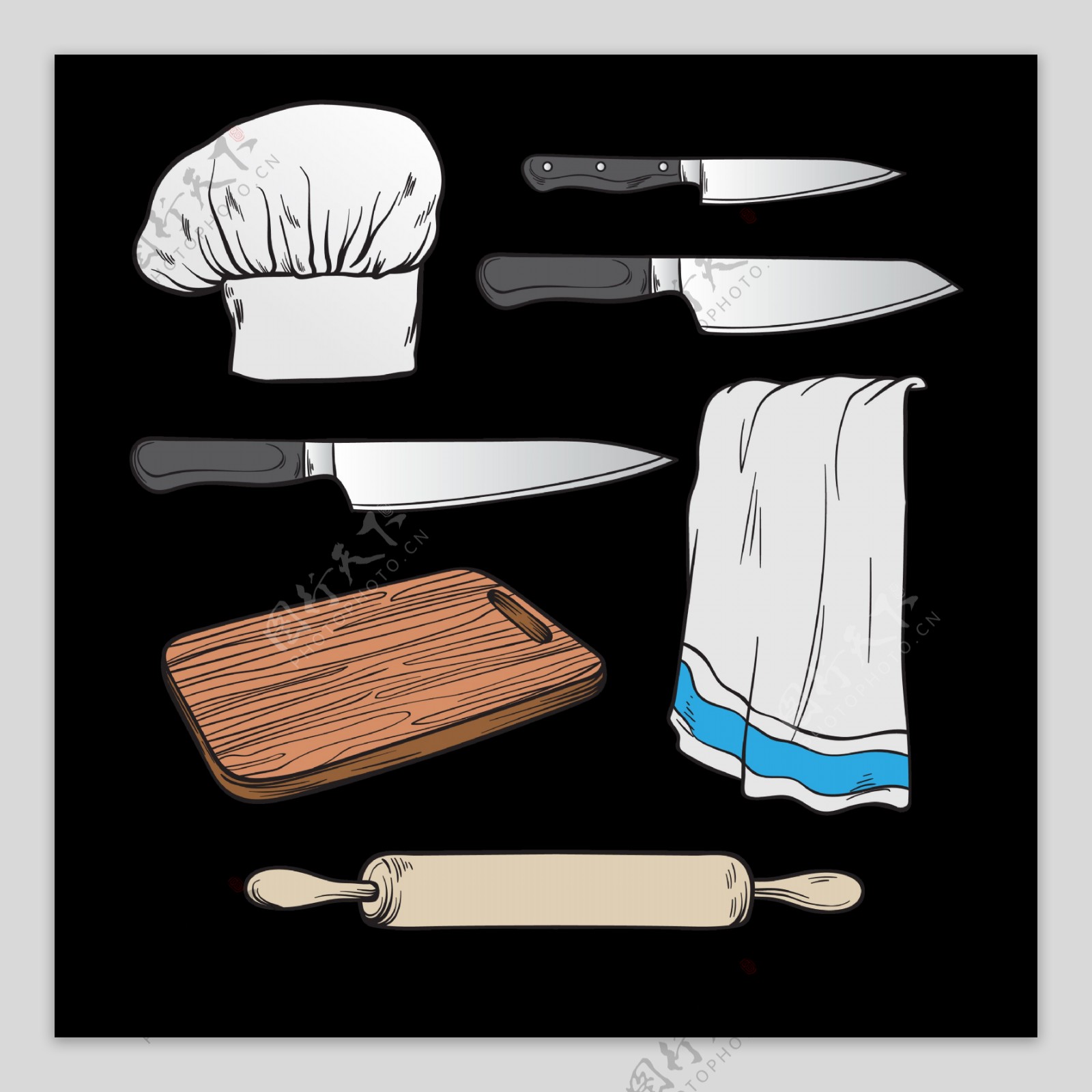 手绘厨房用品厨具免抠png透明图层素材