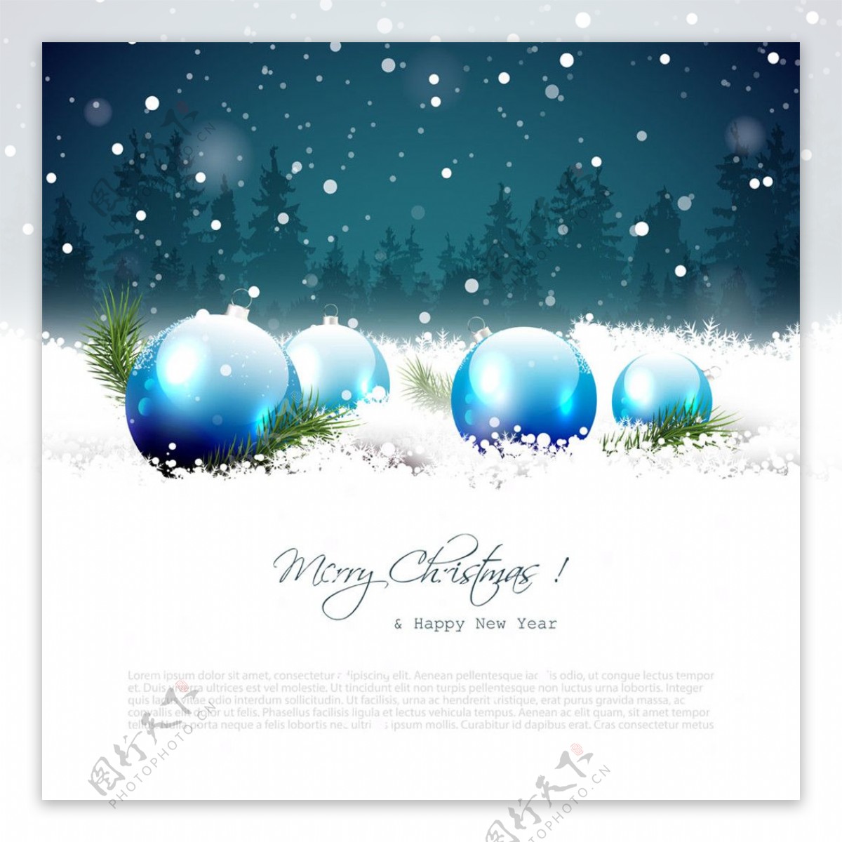 雪花里的蓝色圣诞球图片