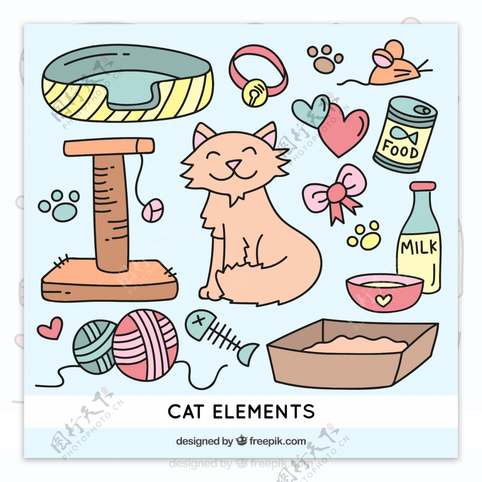 14款可爱猫咪与宠物用品矢量素材
