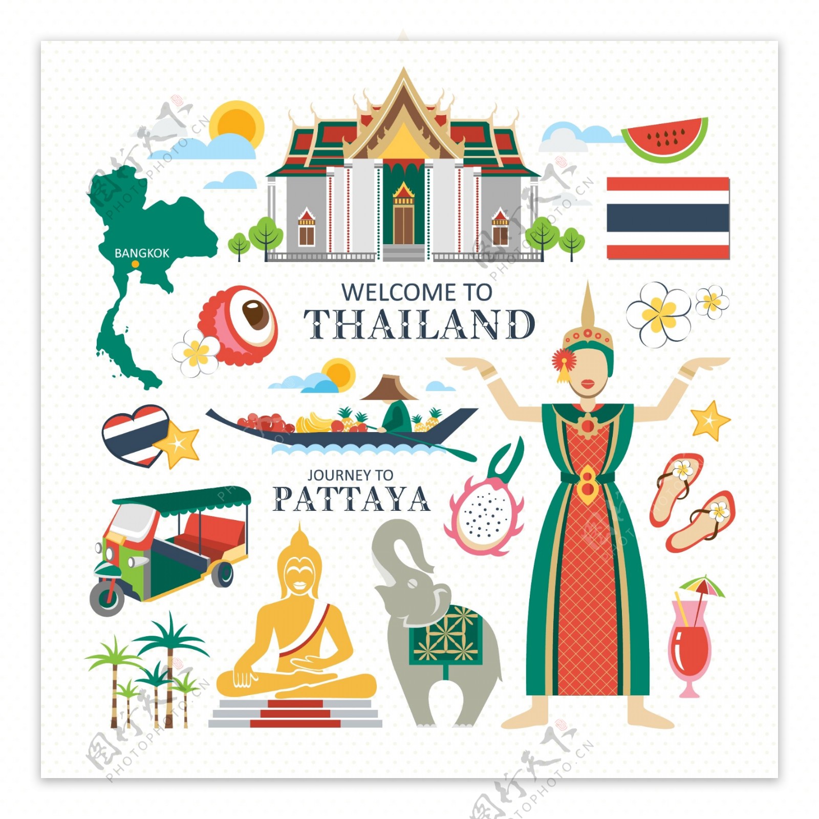 卡通泰国人物旅游场景海报元素矢量素材
