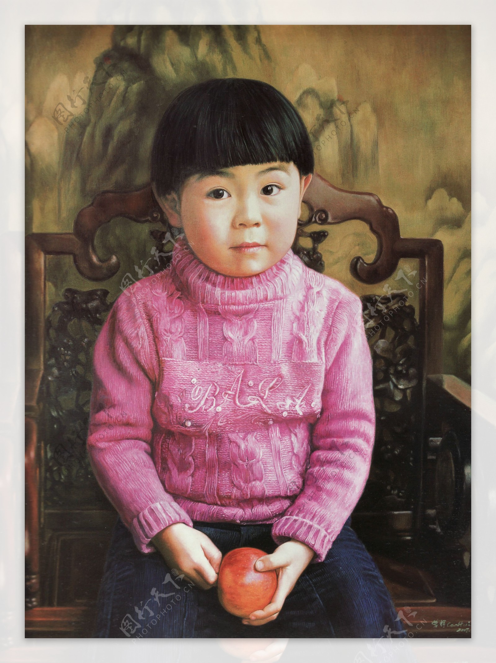 手拿苹果的女孩油画肖像图片