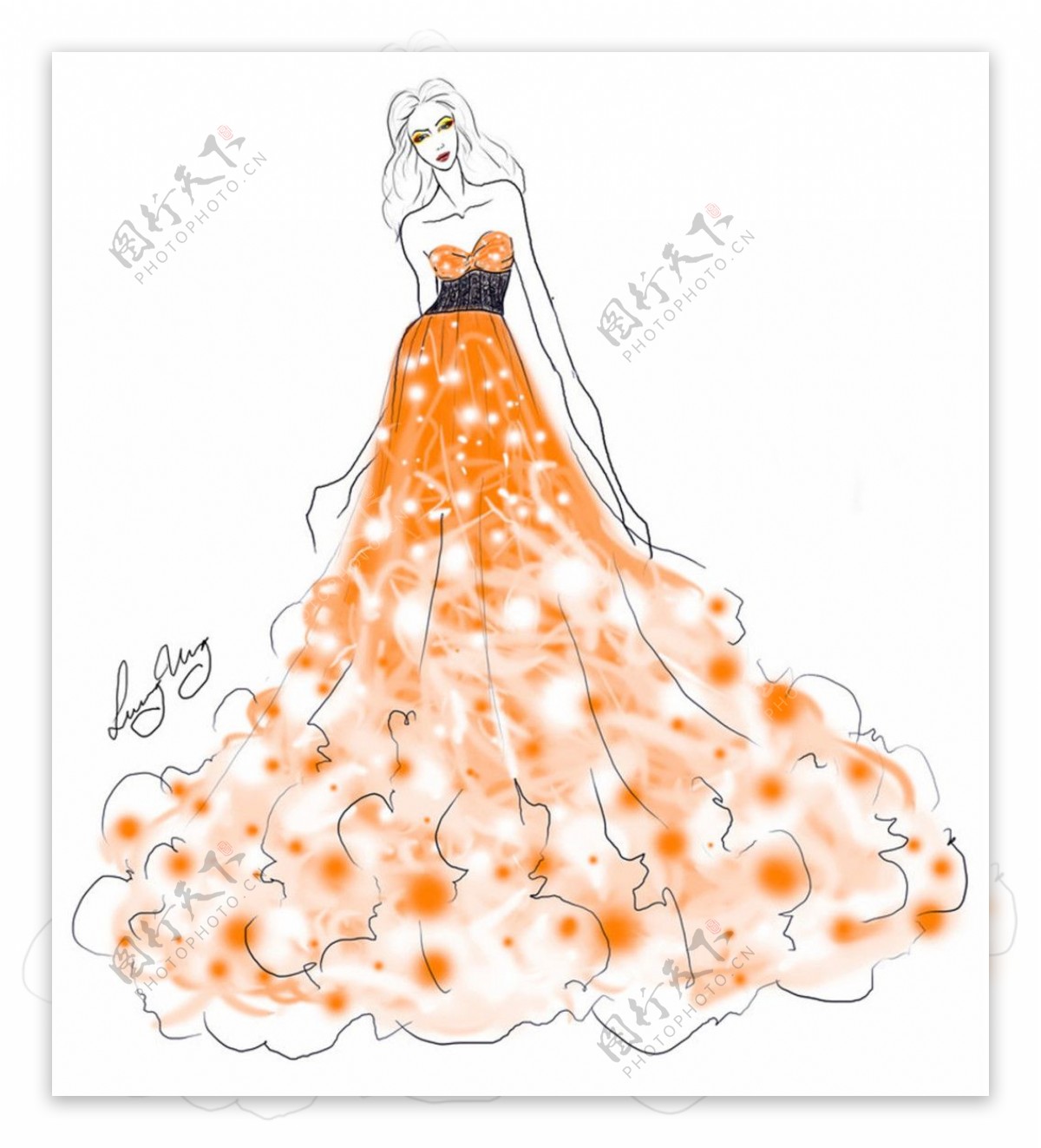 橙色抹胸长裙设计图