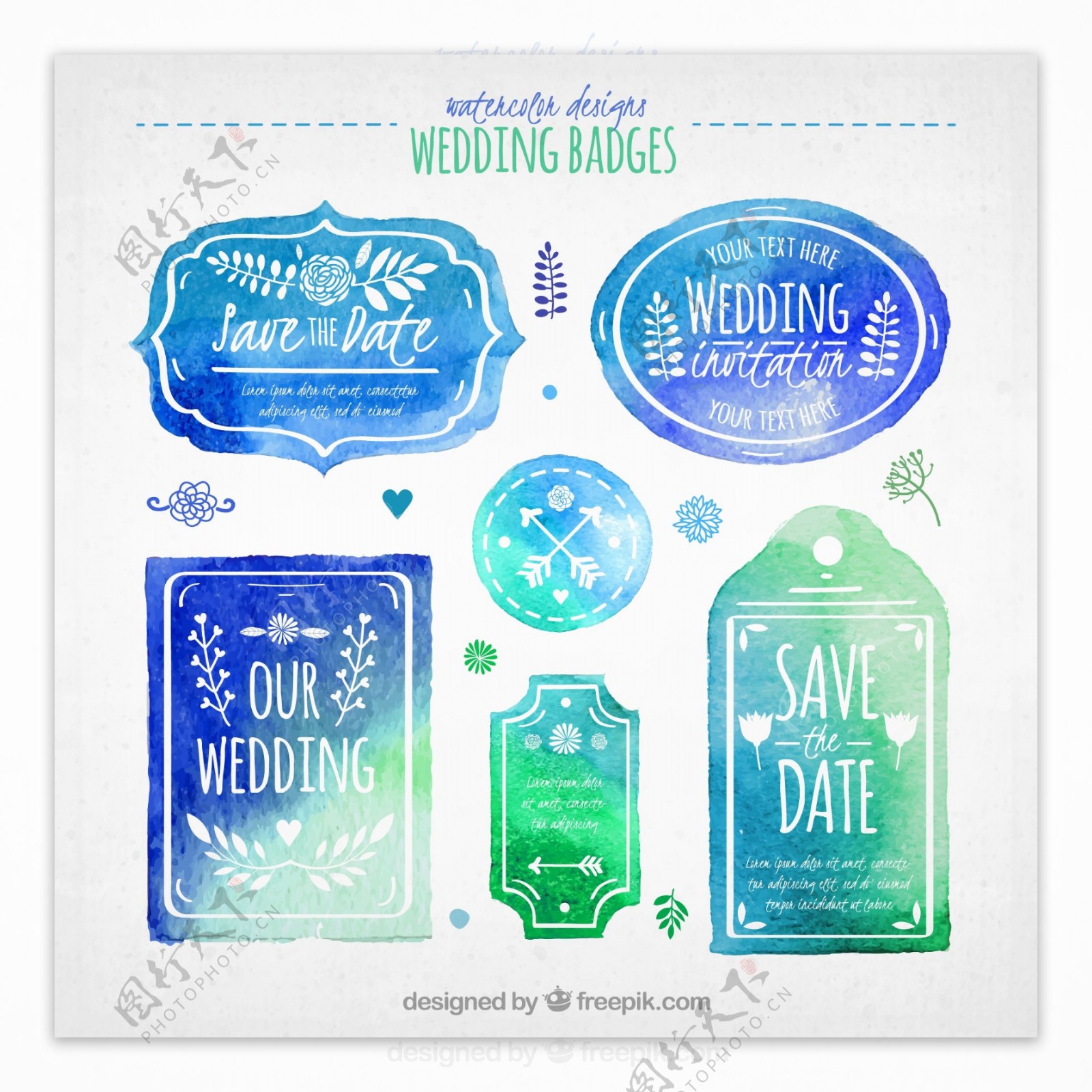 6款蓝绿色水彩婚礼标签与吊牌矢量图