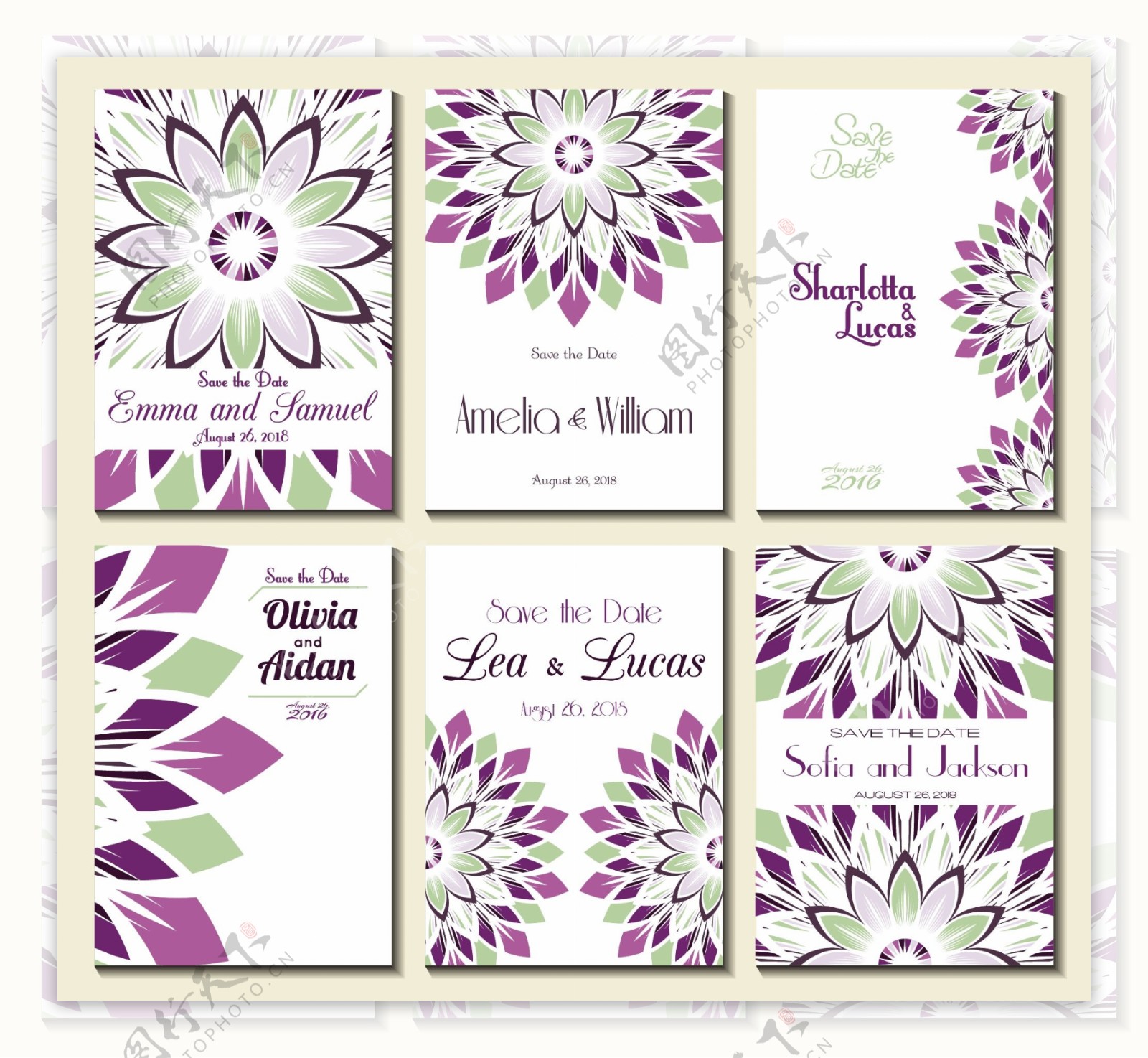 紫色绚丽花朵婚礼贺卡矢量素材