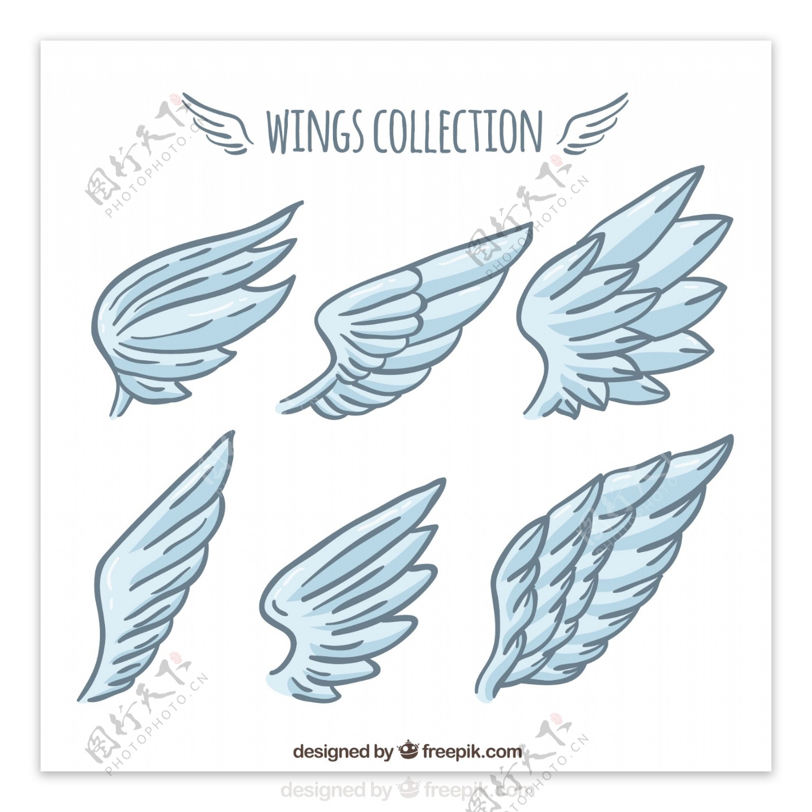 手绘风格蓝色翅膀双翼矢量素材