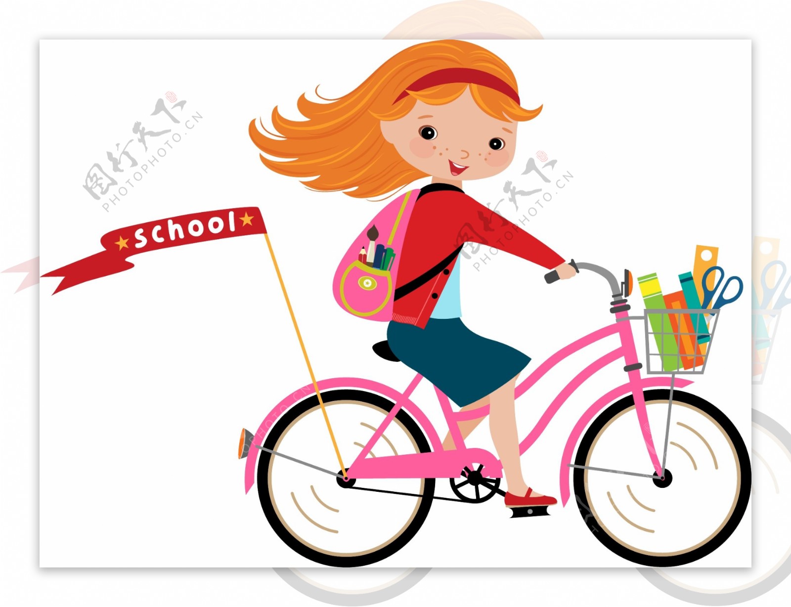 卡通骑自行车的女学生矢量素材