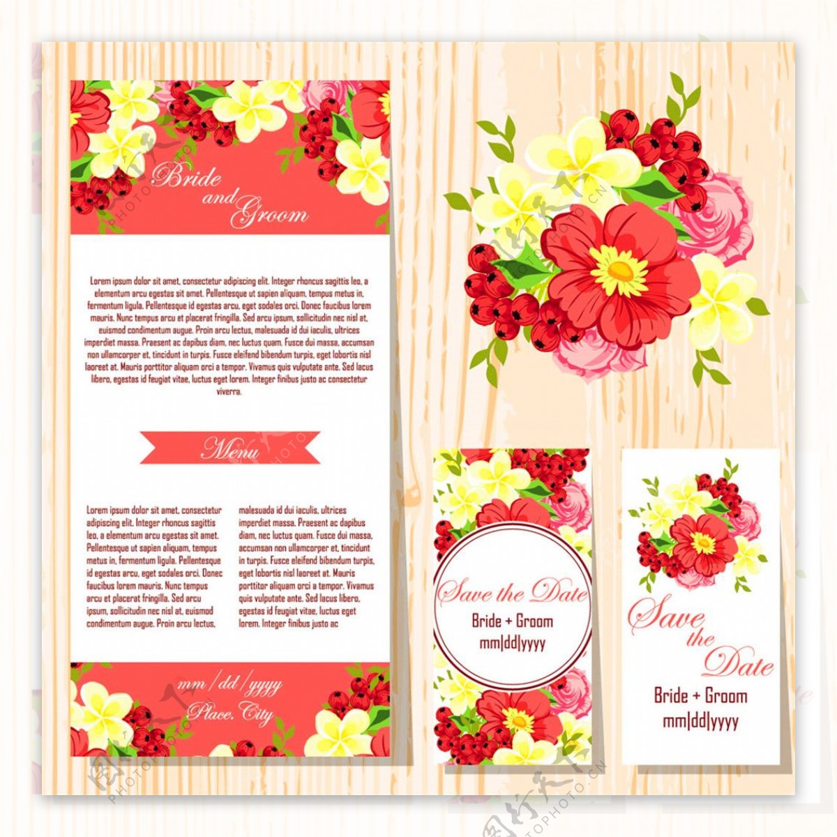 红黄花朵婚礼卡片图片